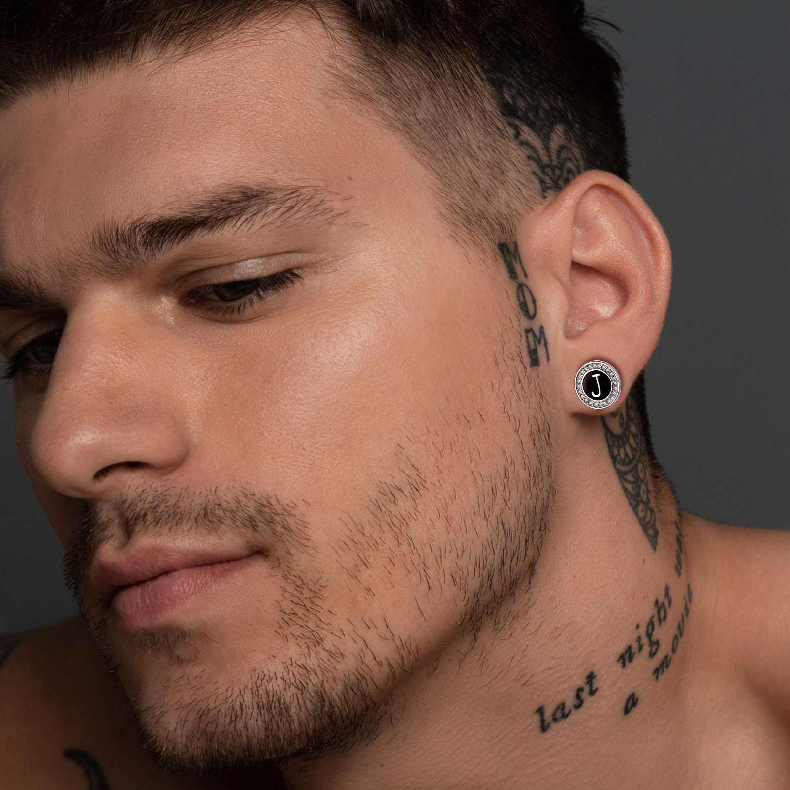 Mini A-Z Initial Letter Stud Earrings with Black Onyx Cubic Zirconia for Men, Father, boyfriend, husband