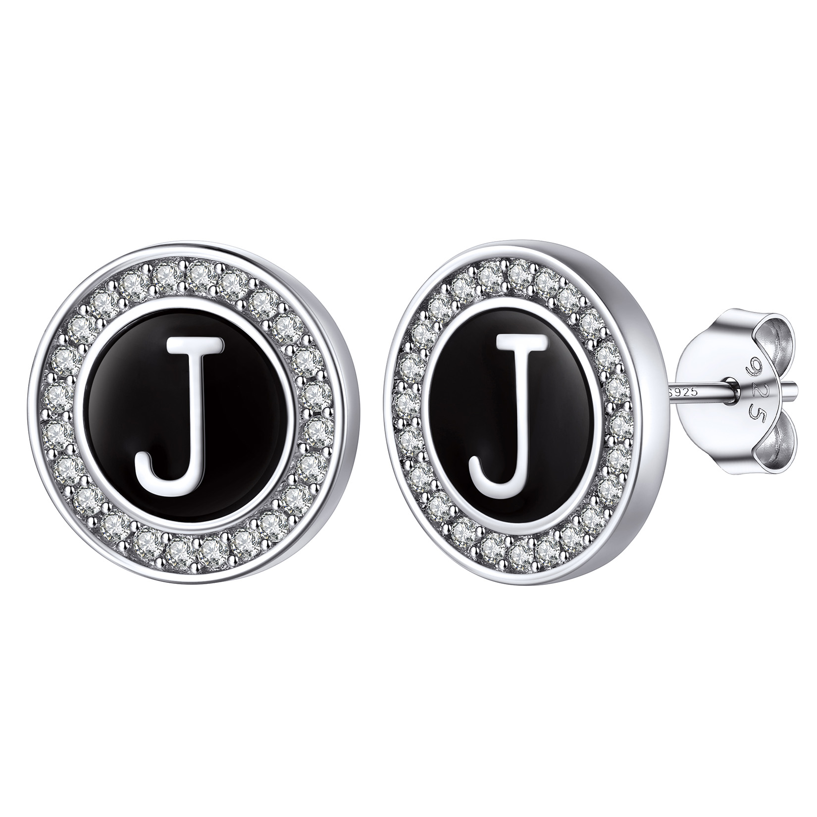 Mini A-Z Initial Letter Stud Earrings with Black Onyx Cubic Zirconia