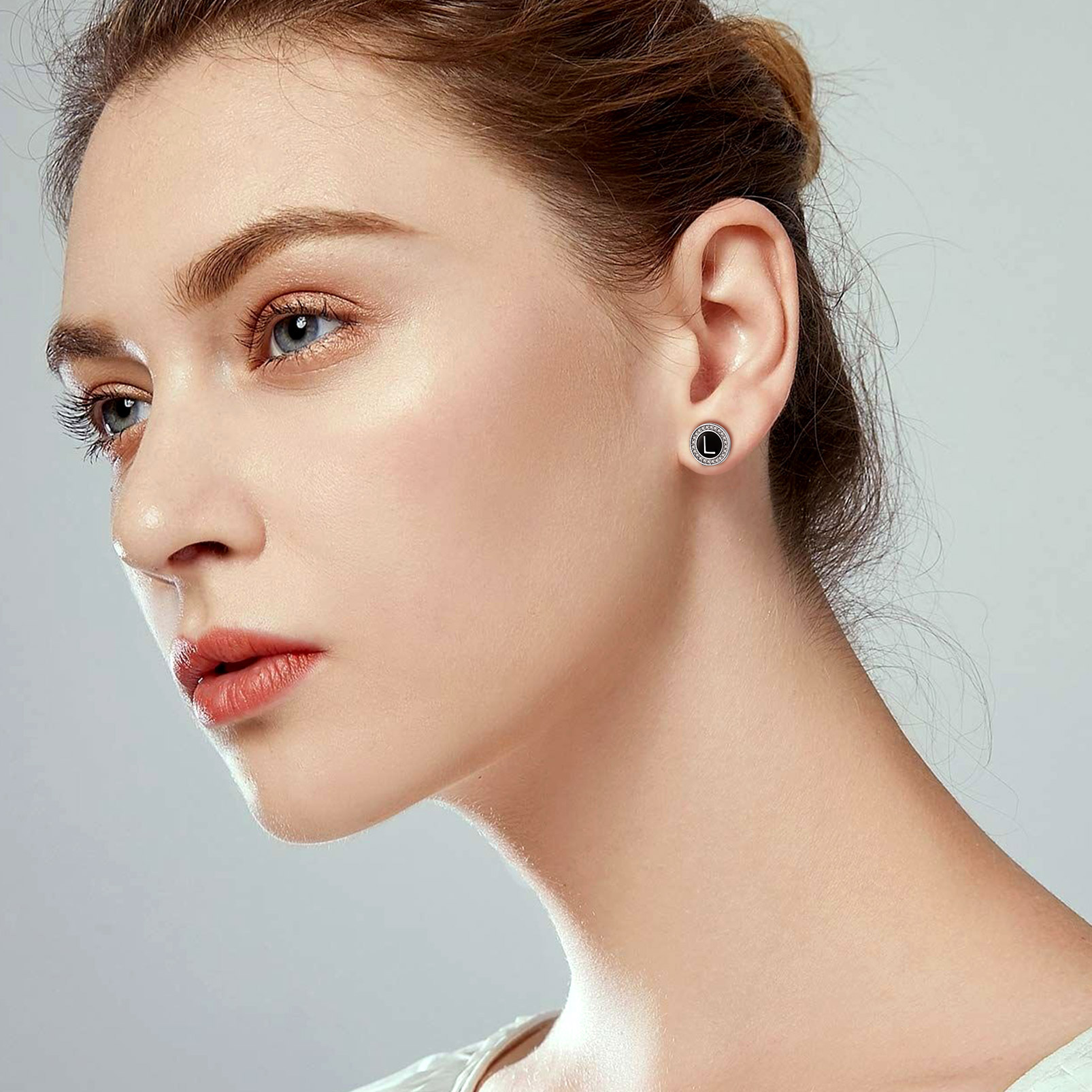 Mini A-Z Initial Letter Stud Earrings with Black Onyx Cubic Zirconia