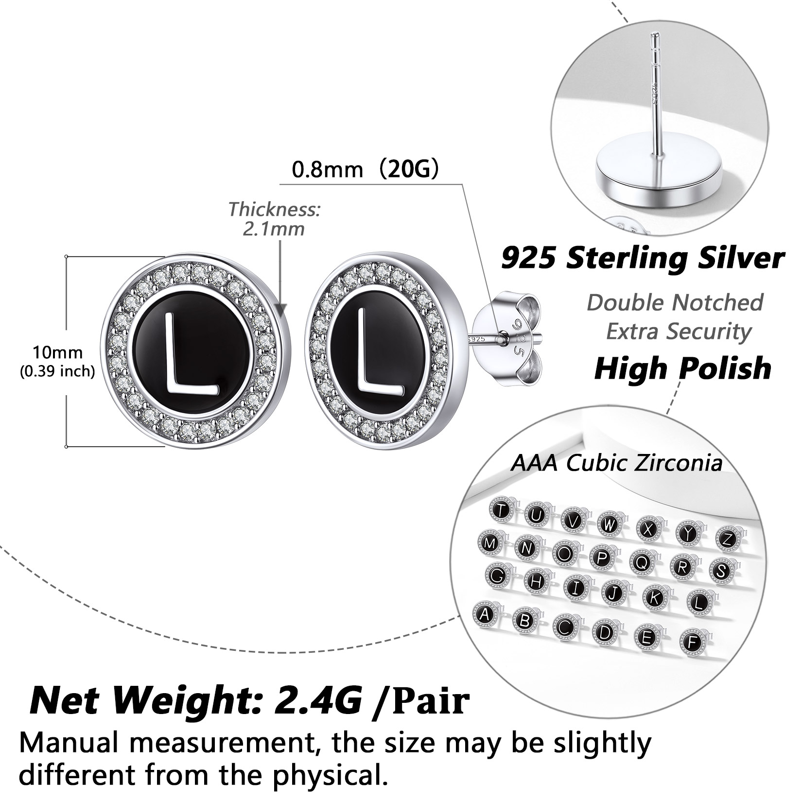 Mini A-Z Initial Letter Stud Earrings with Black Onyx Cubic Zirconia