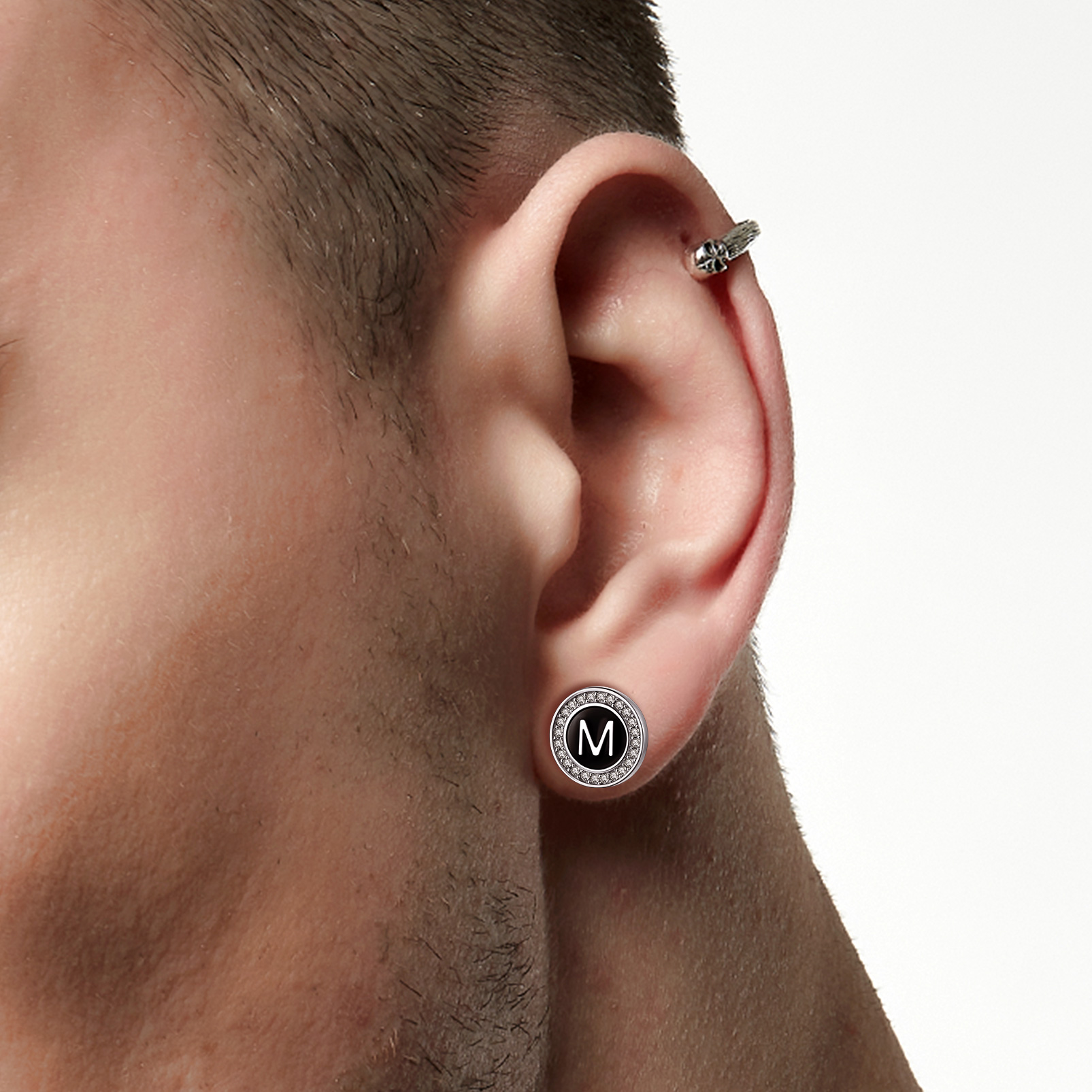 Mini A-Z Initial Letter Stud Earrings with Black Onyx Cubic Zirconia