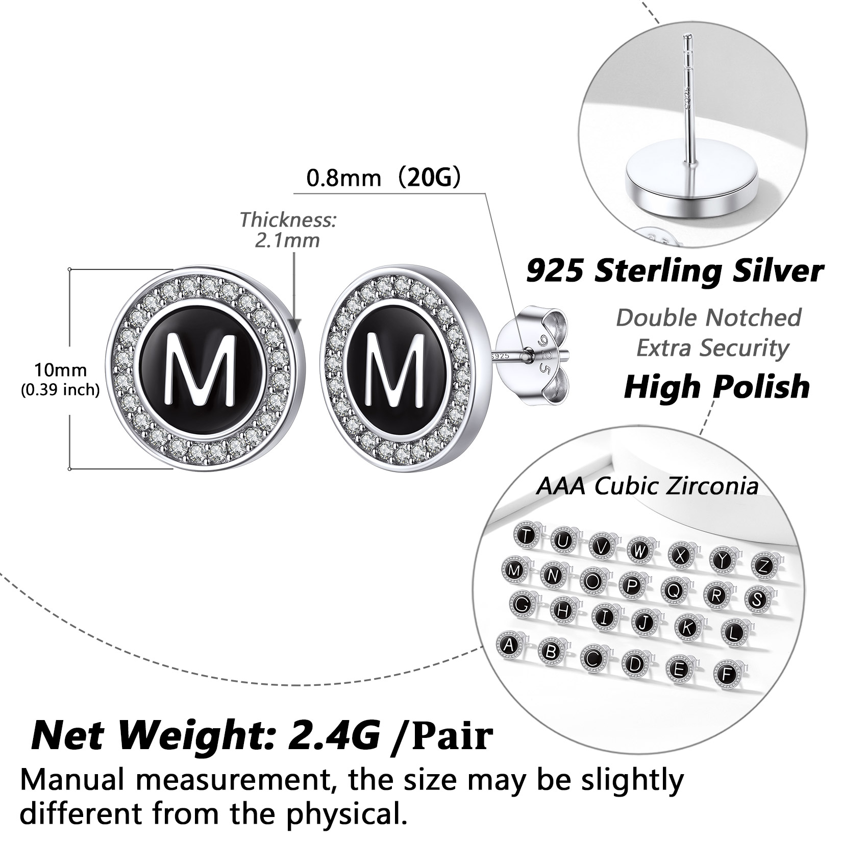 Mini A-Z Initial Letter Stud Earrings with Black Onyx Cubic Zirconia