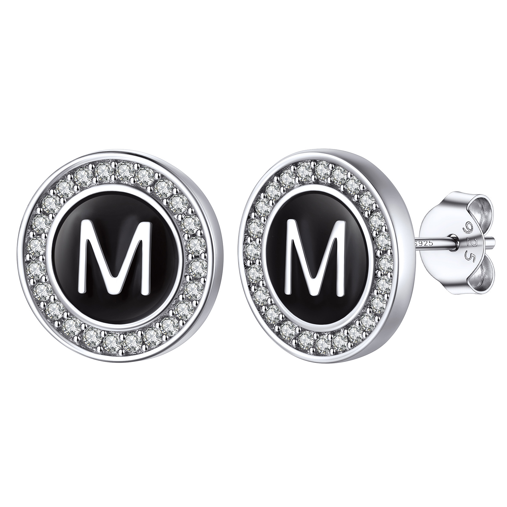 Mini A-Z Initial Letter Stud Earrings with Black Onyx Cubic Zirconia
