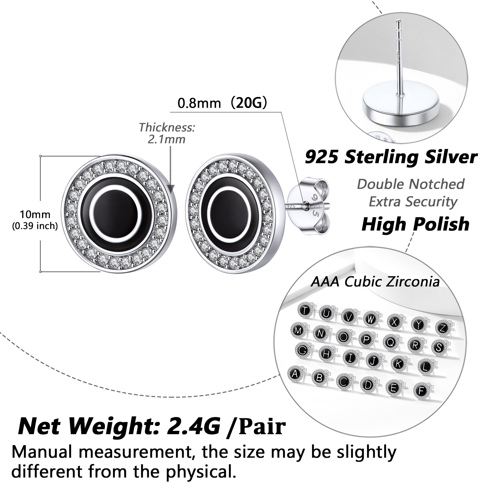 Mini A-Z Initial Letter Stud Earrings with Black Onyx Cubic Zirconia