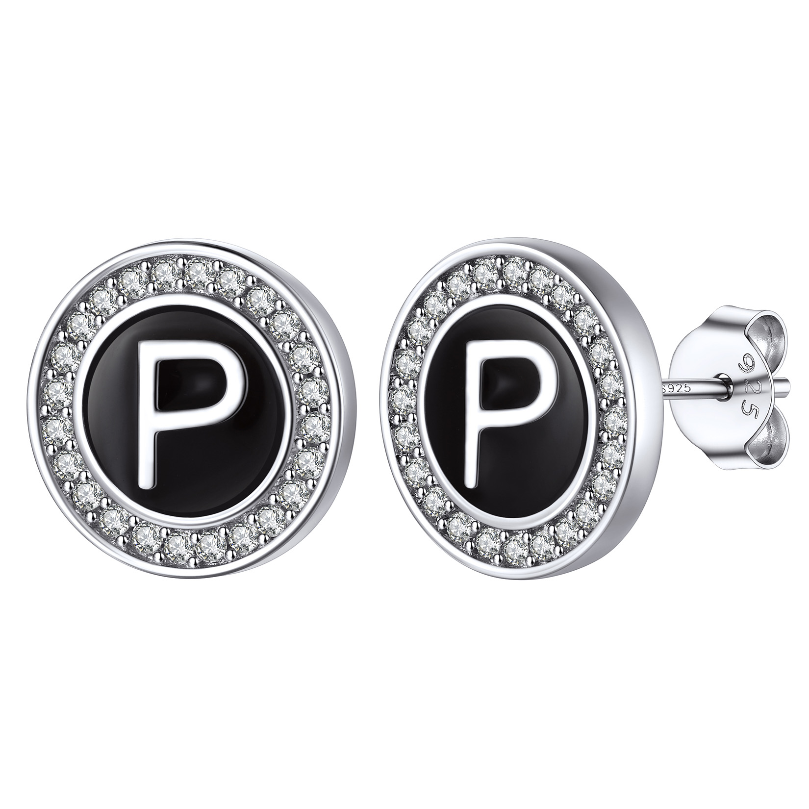 Mini A-Z Initial Letter Stud Earrings with Black Onyx Cubic Zirconia