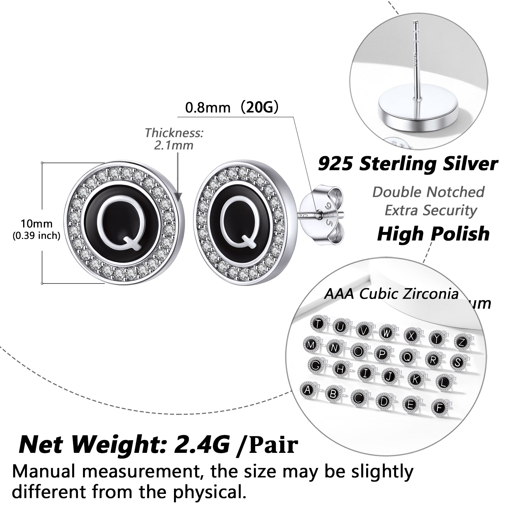 Mini A-Z Initial Letter Stud Earrings with Black Onyx Cubic Zirconia