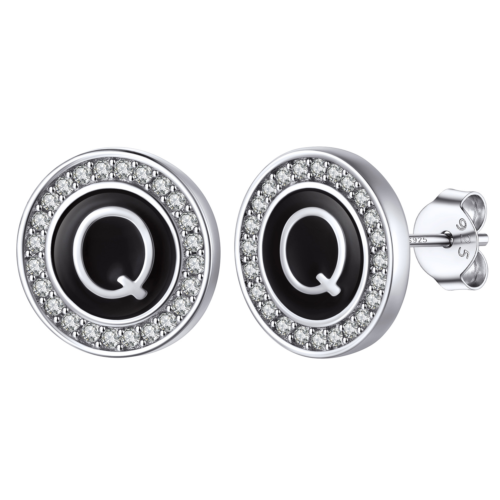 Mini A-Z Initial Letter Stud Earrings with Black Onyx Cubic Zirconia