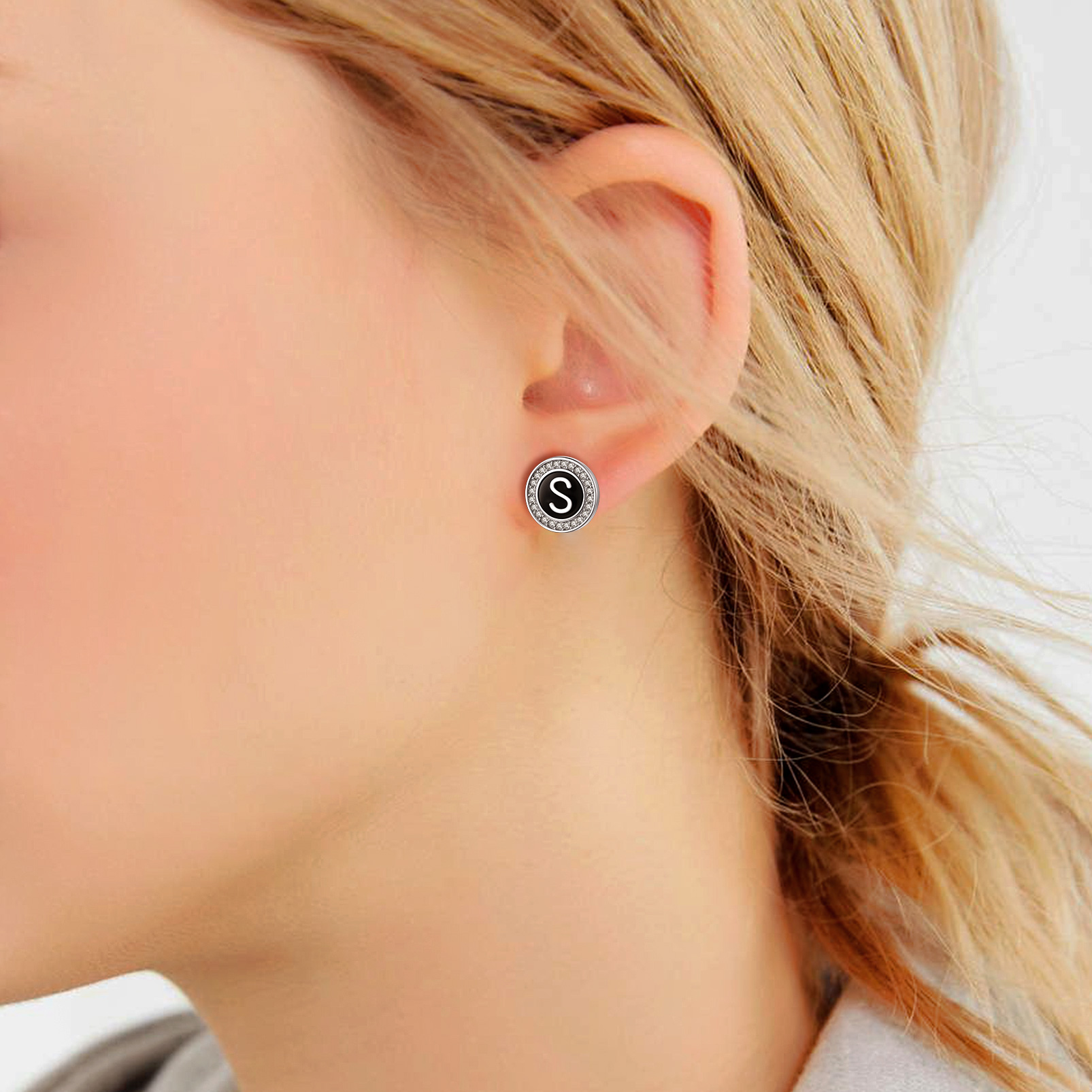 Mini A-Z Initial Letter Stud Earrings with Black Onyx Cubic Zirconia