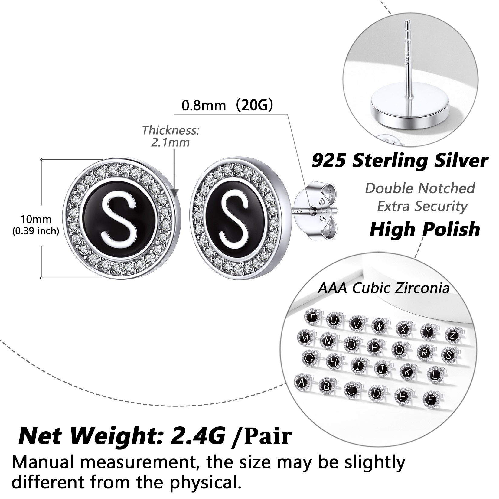 Mini A-Z Initial Letter Stud Earrings with Black Onyx Cubic Zirconia