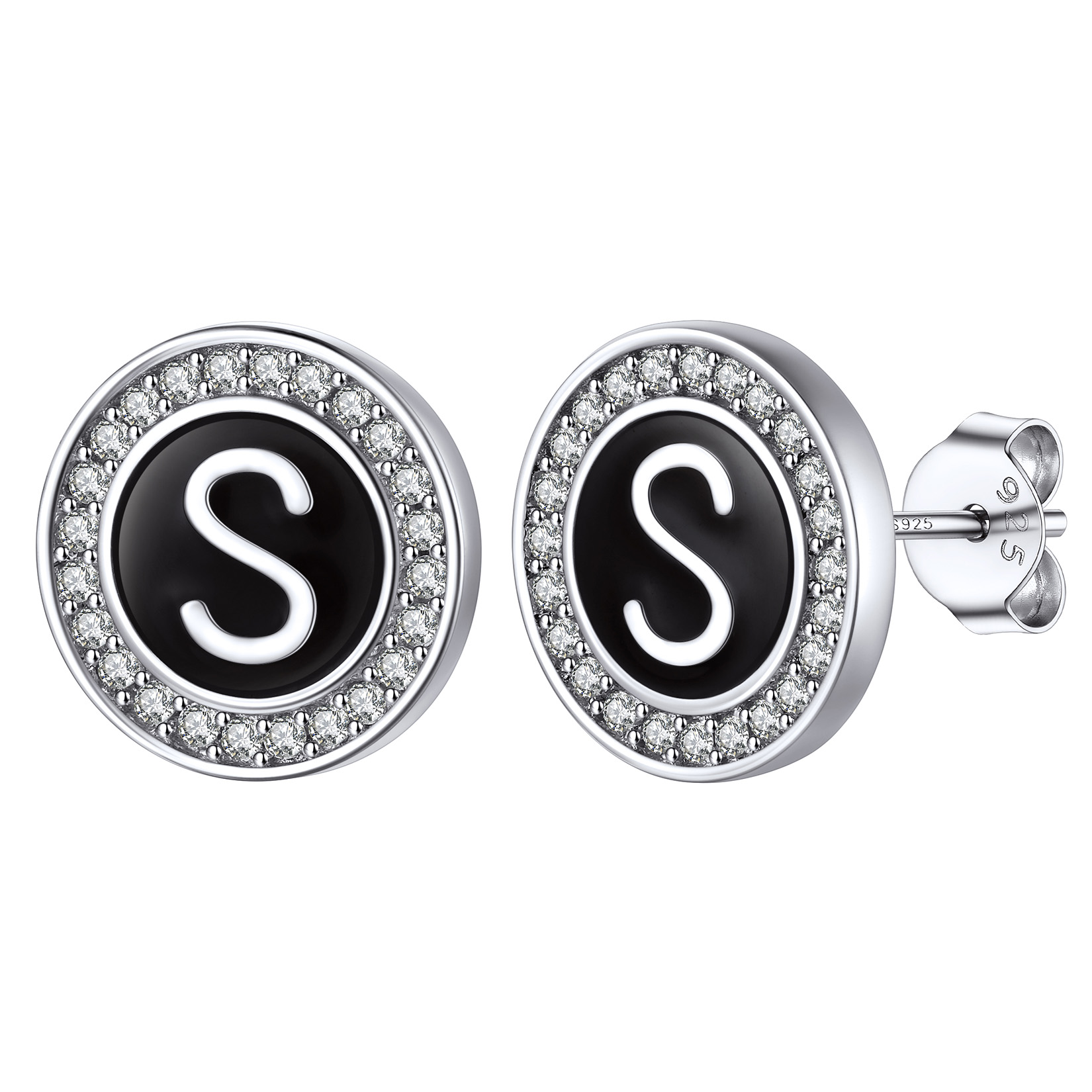 Mini A-Z Initial Letter Stud Earrings with Black Onyx Cubic Zirconia