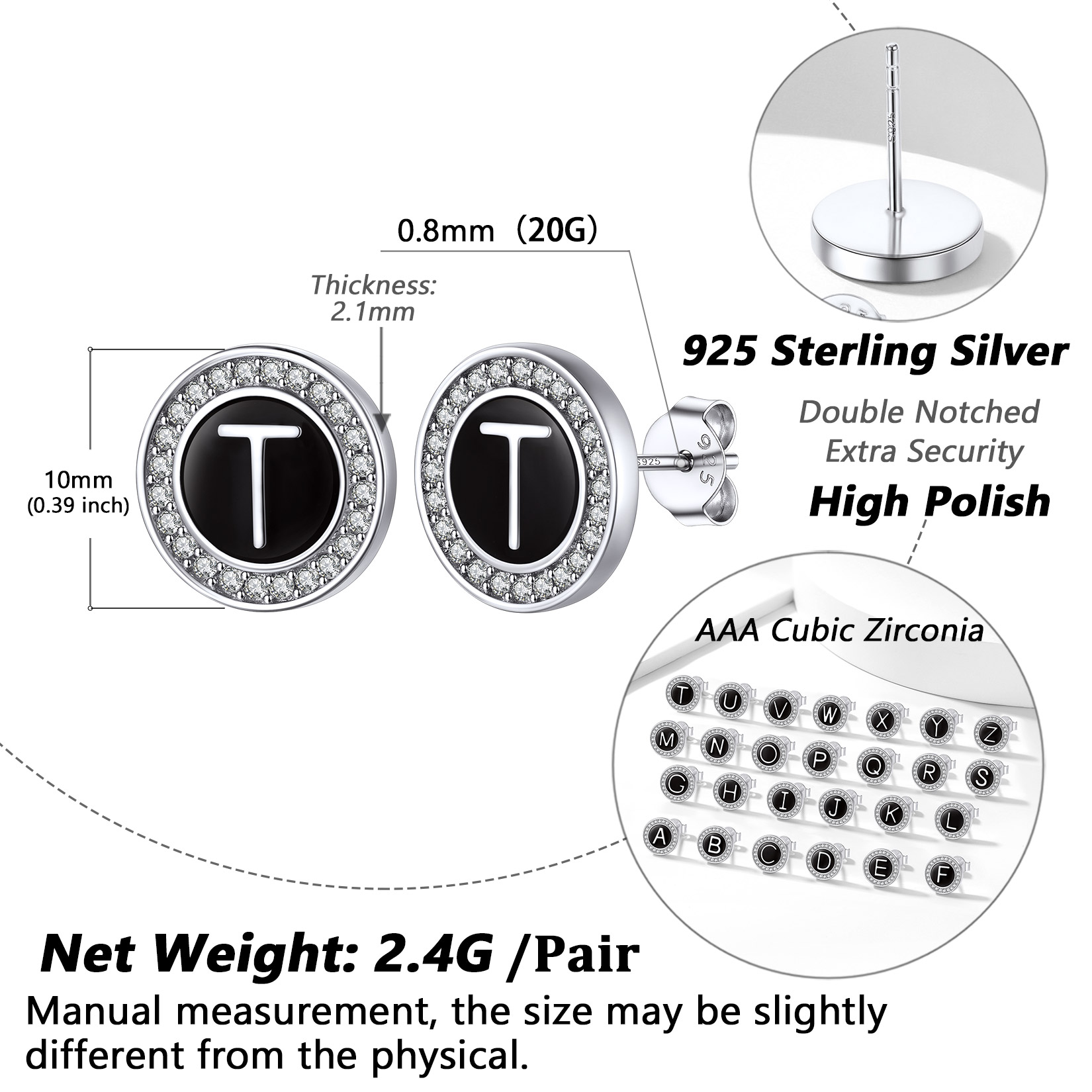 Mini A-Z Initial Letter Stud Earrings with Black Onyx Cubic Zirconia