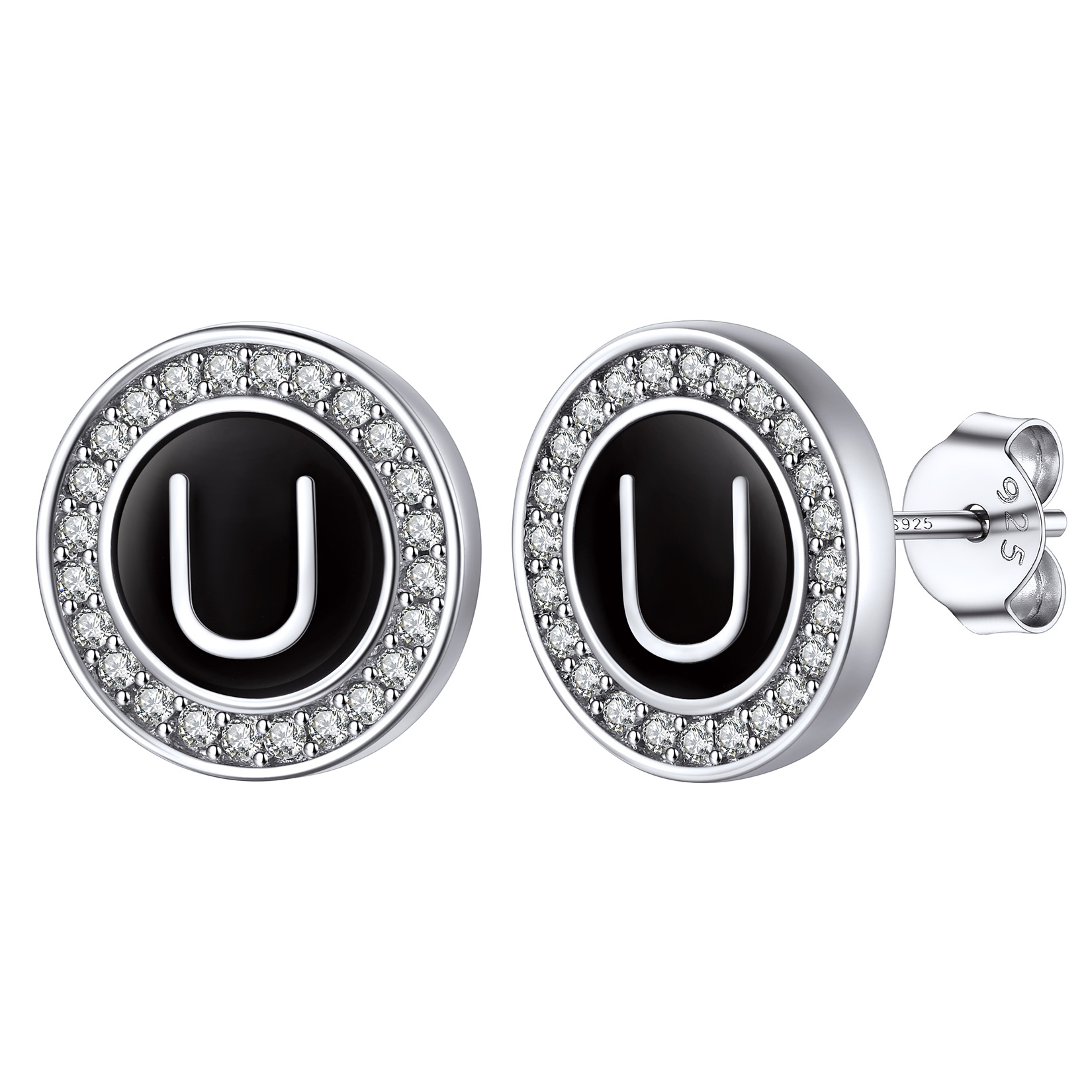 Mini A-Z Initial Letter Stud Earrings with Black Onyx Cubic Zirconia