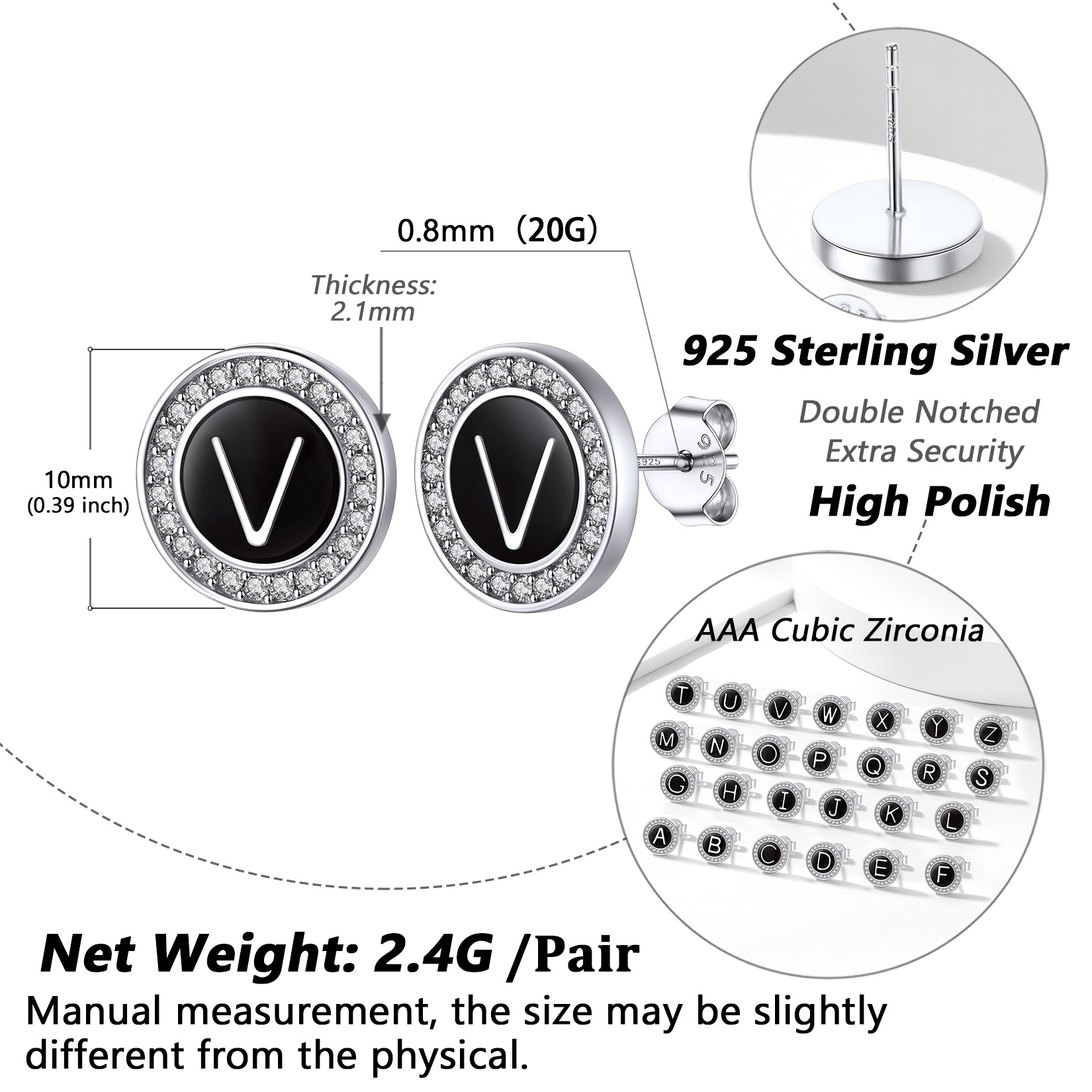 Mini A-Z Initial Letter Stud Earrings with Black Onyx Cubic Zirconia