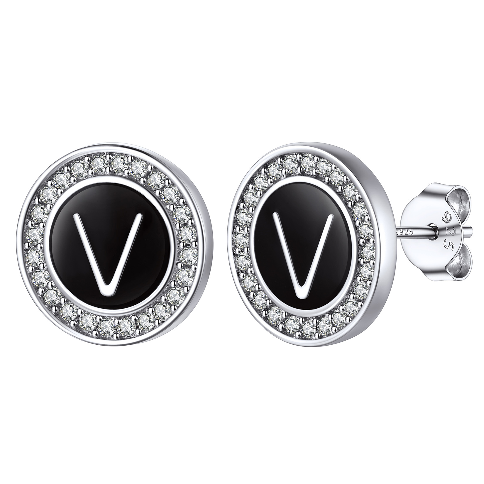 Mini A-Z Initial Letter Stud Earrings with Black Onyx Cubic Zirconia