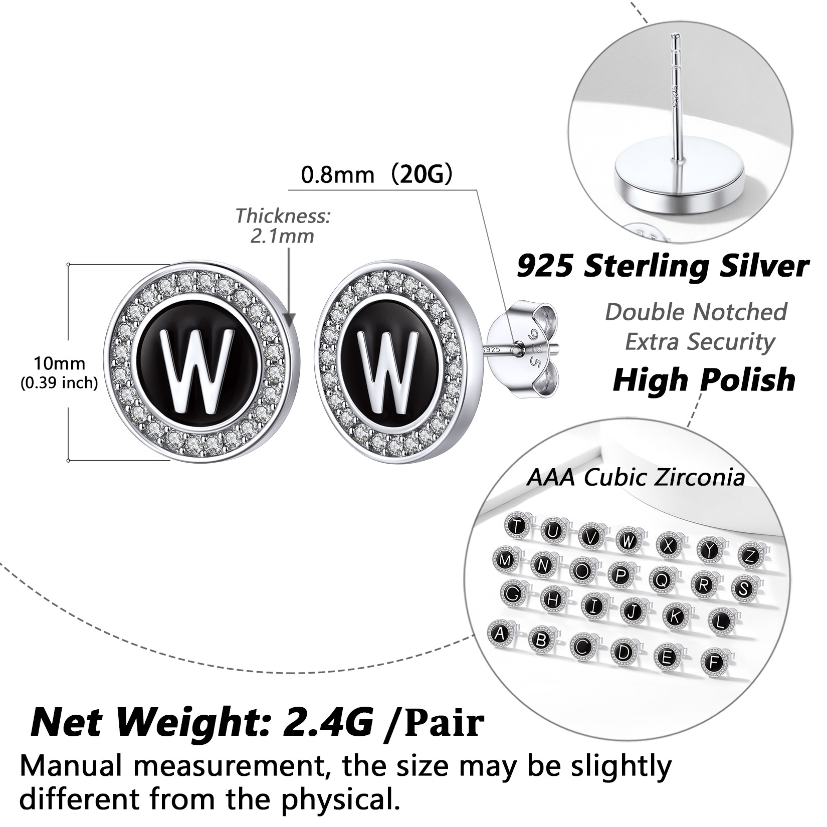 Mini A-Z Initial Letter Stud Earrings with Black Onyx Cubic Zirconia