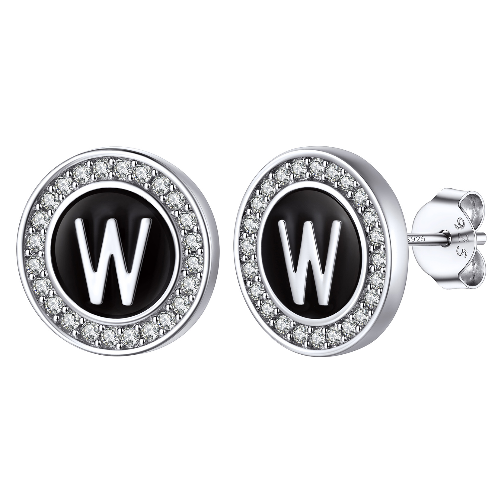 Mini A-Z Initial Letter Stud Earrings with Black Onyx Cubic Zirconia