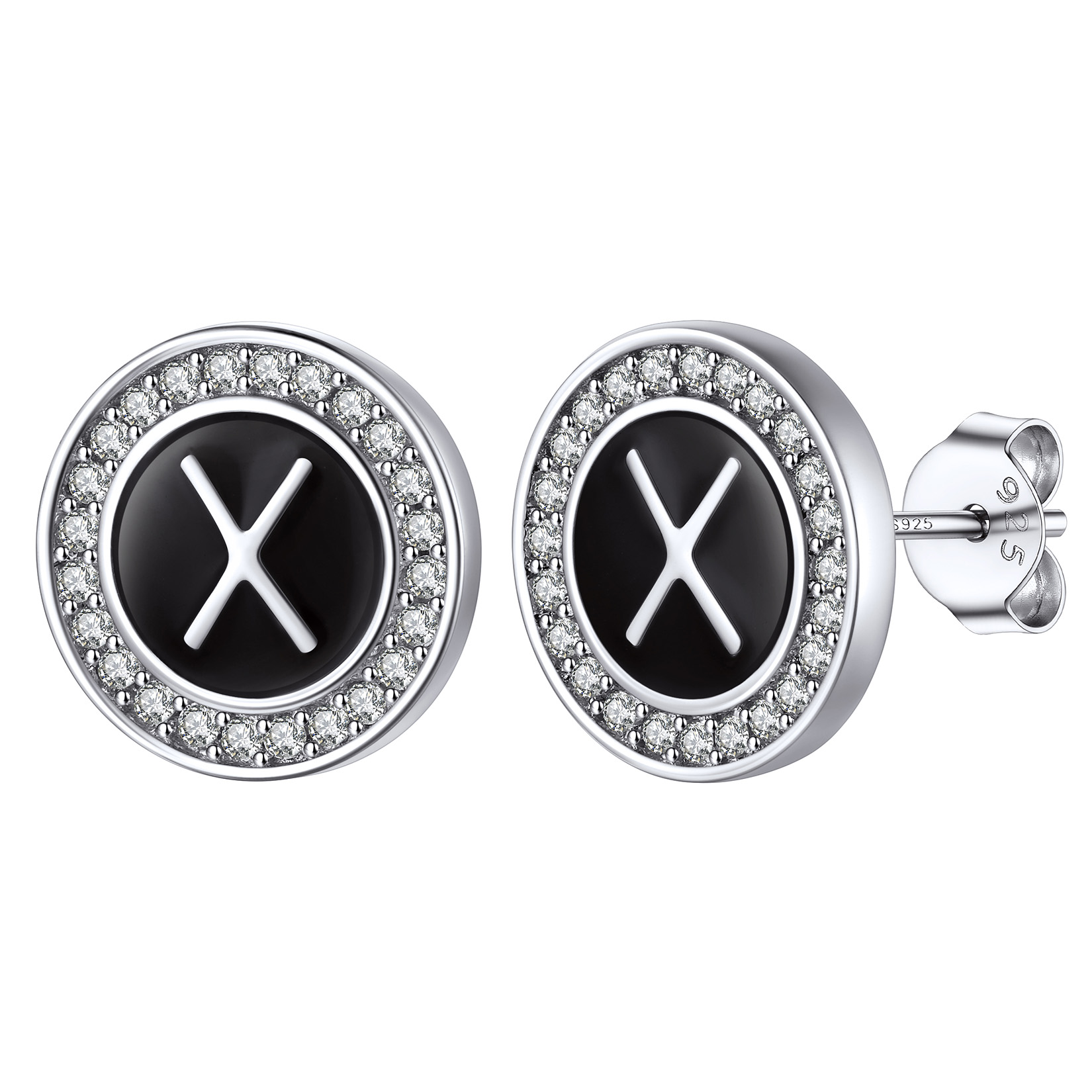 Mini A-Z Initial Letter Stud Earrings with Black Onyx Cubic Zirconia