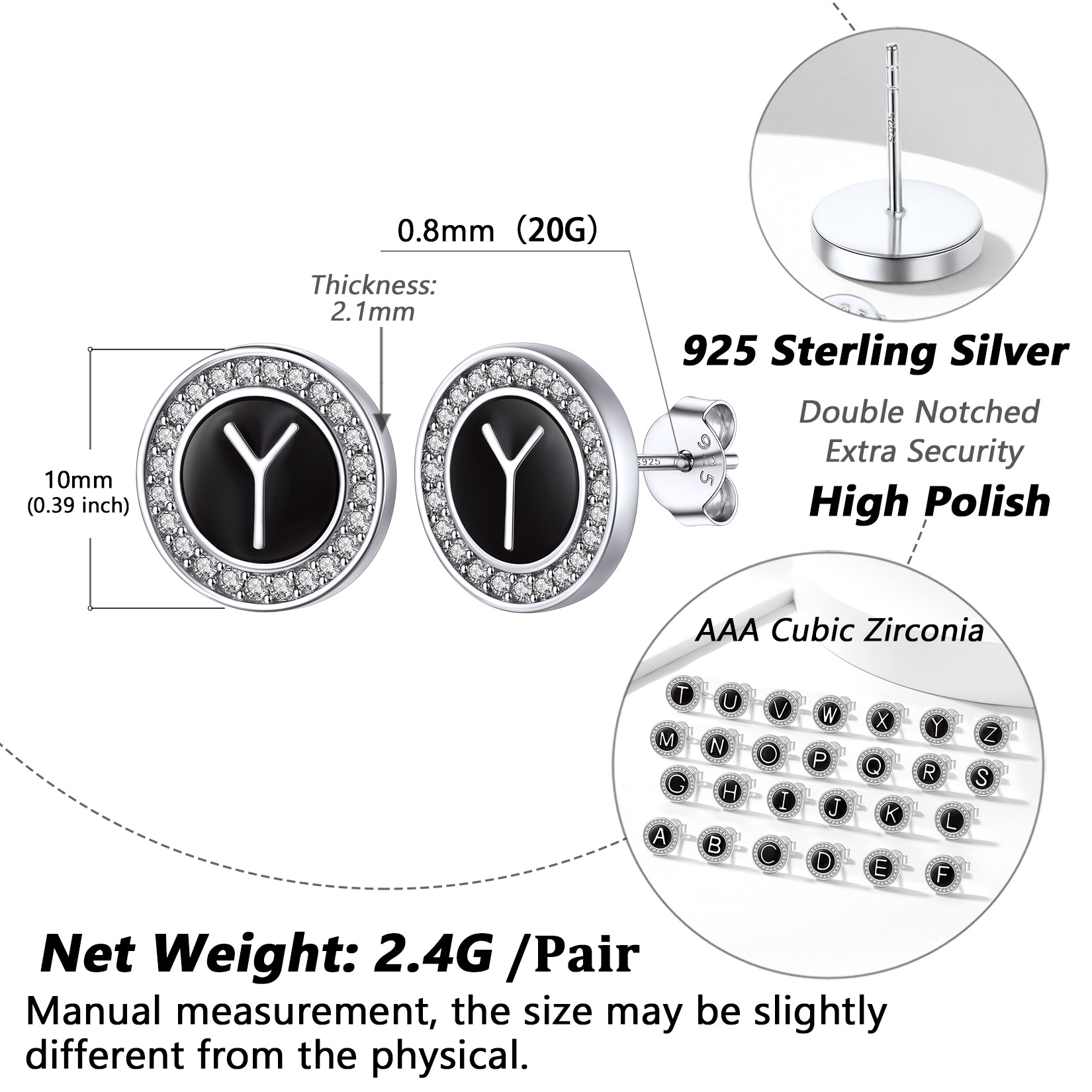 Mini A-Z Initial Letter Stud Earrings with Black Onyx Cubic Zirconia