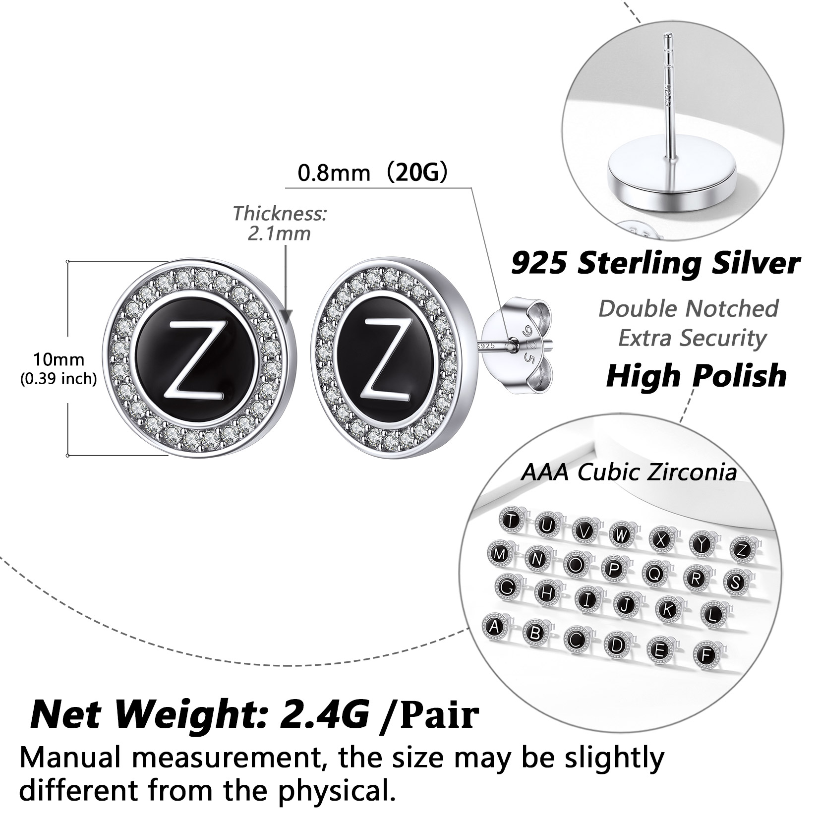 Mini A-Z Initial Letter Stud Earrings with Black Onyx Cubic Zirconia