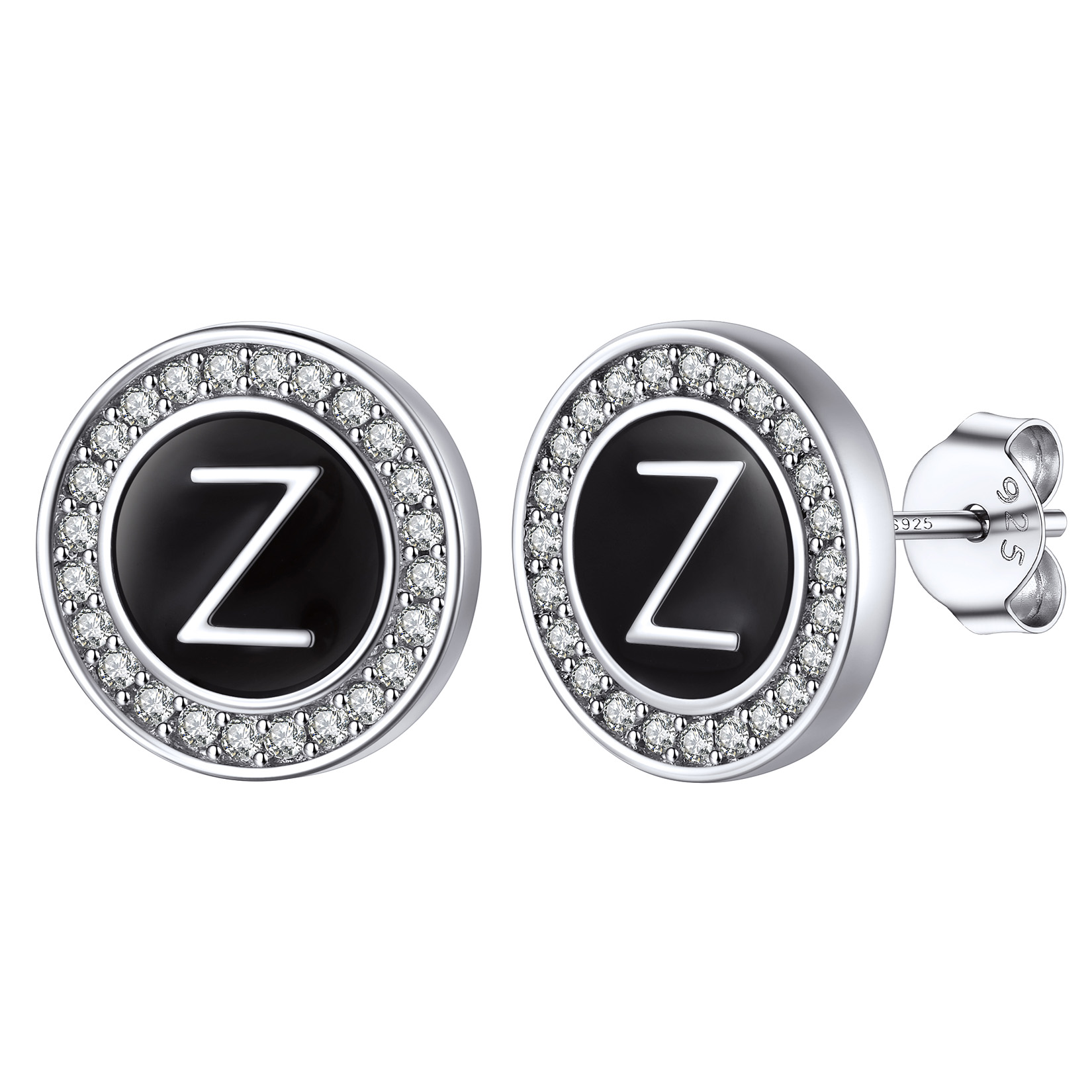 Mini A-Z Initial Letter Stud Earrings with Black Onyx Cubic Zirconia