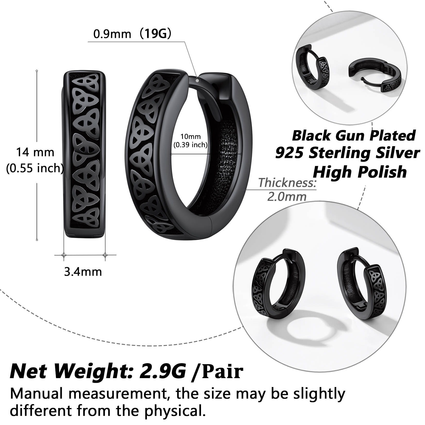 Celtic Triquetra Knot Surround Irish Hoop Earring Details: Dimensions, Hypoallergenic, Hinged Hoop.