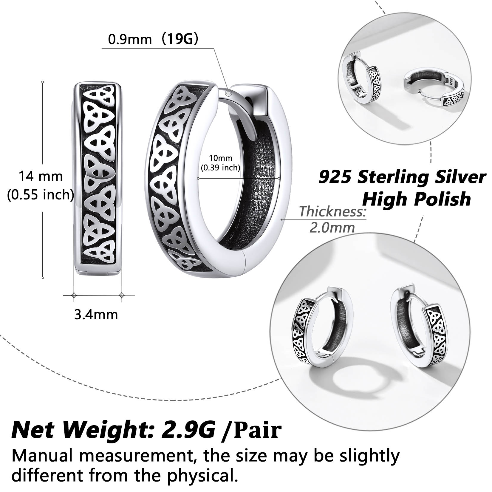 Celtic Triquetra Knot Surround Irish Hoop Earring Details: Dimensions, Hypoallergenic, Hinged Hoop.