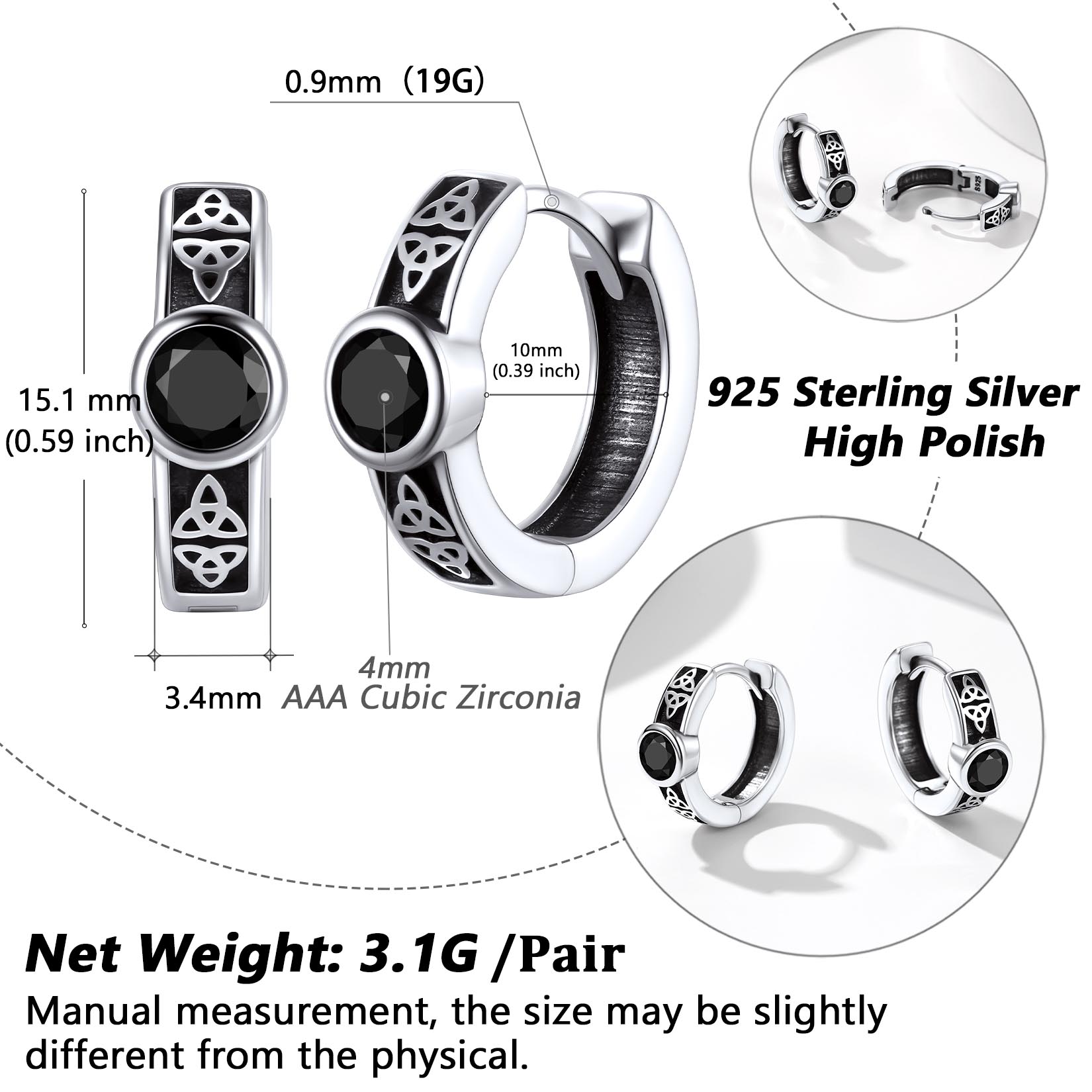 Hypoallergenic Celtic Knot Cubic Zirconia Earrings Hoops Details: Dimensions, Hypoallergenic, Lever Back.