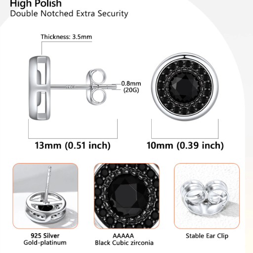 Sterling Silver Zirconia Stud Earrings For Men&Women