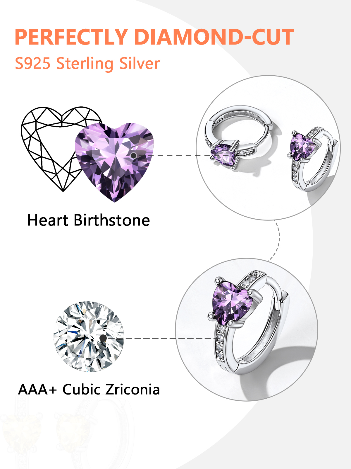 Sterling Silver Birthstone Heart Huggie Hoop Earrings For Women