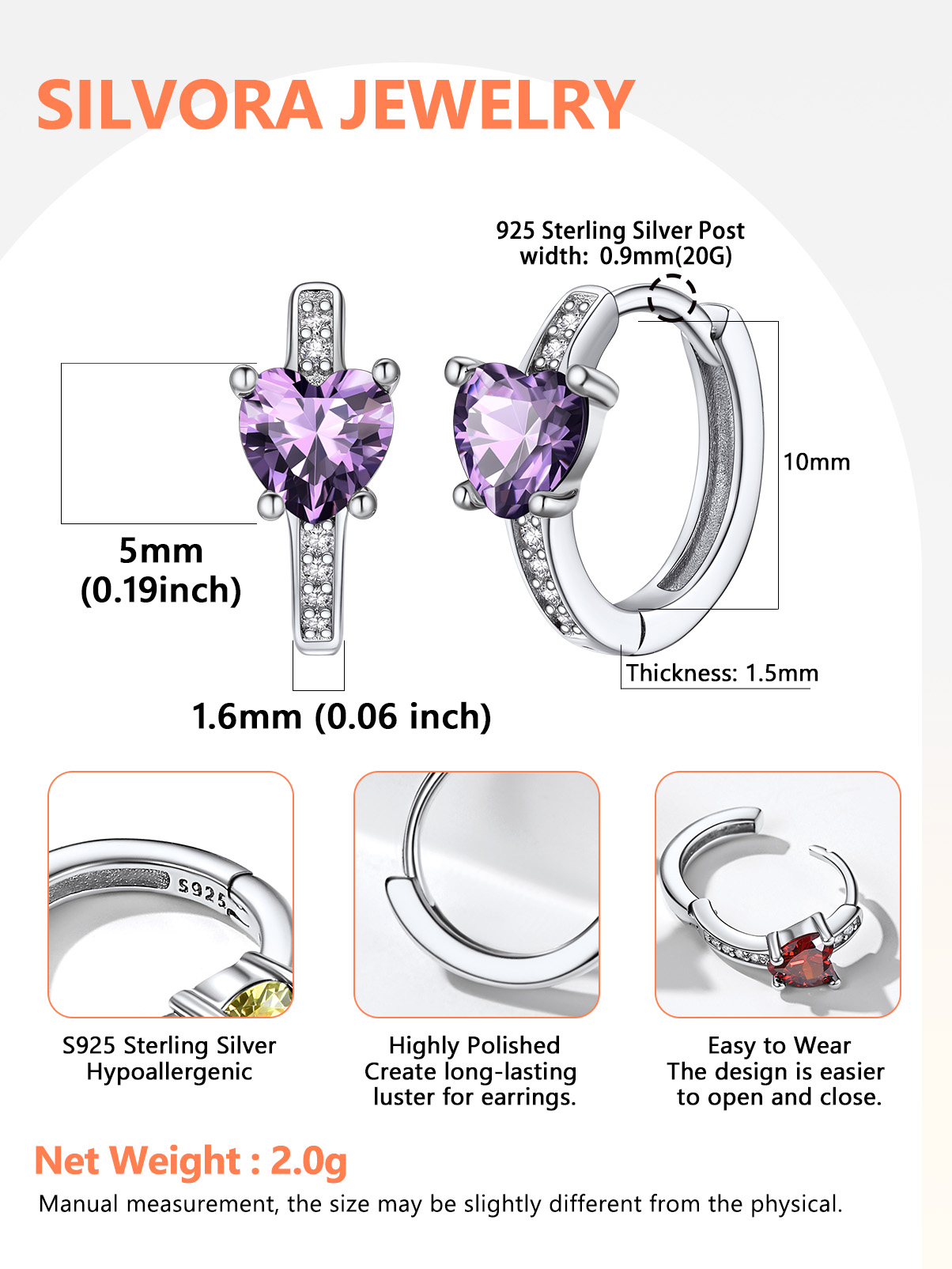 Sterling Silver Birthstone Heart Huggie Hoop Earrings For Women