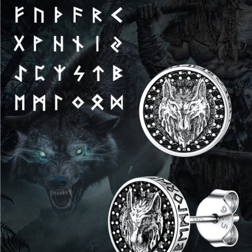 Sterling Silver Wolf Rune Earrings Viking Jewelry for Men Women