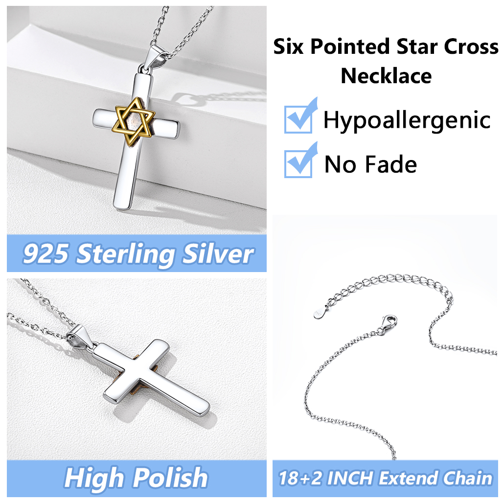 ChicSilver Sterling Silver Two Tone Cross Star of David Pendant Necklace