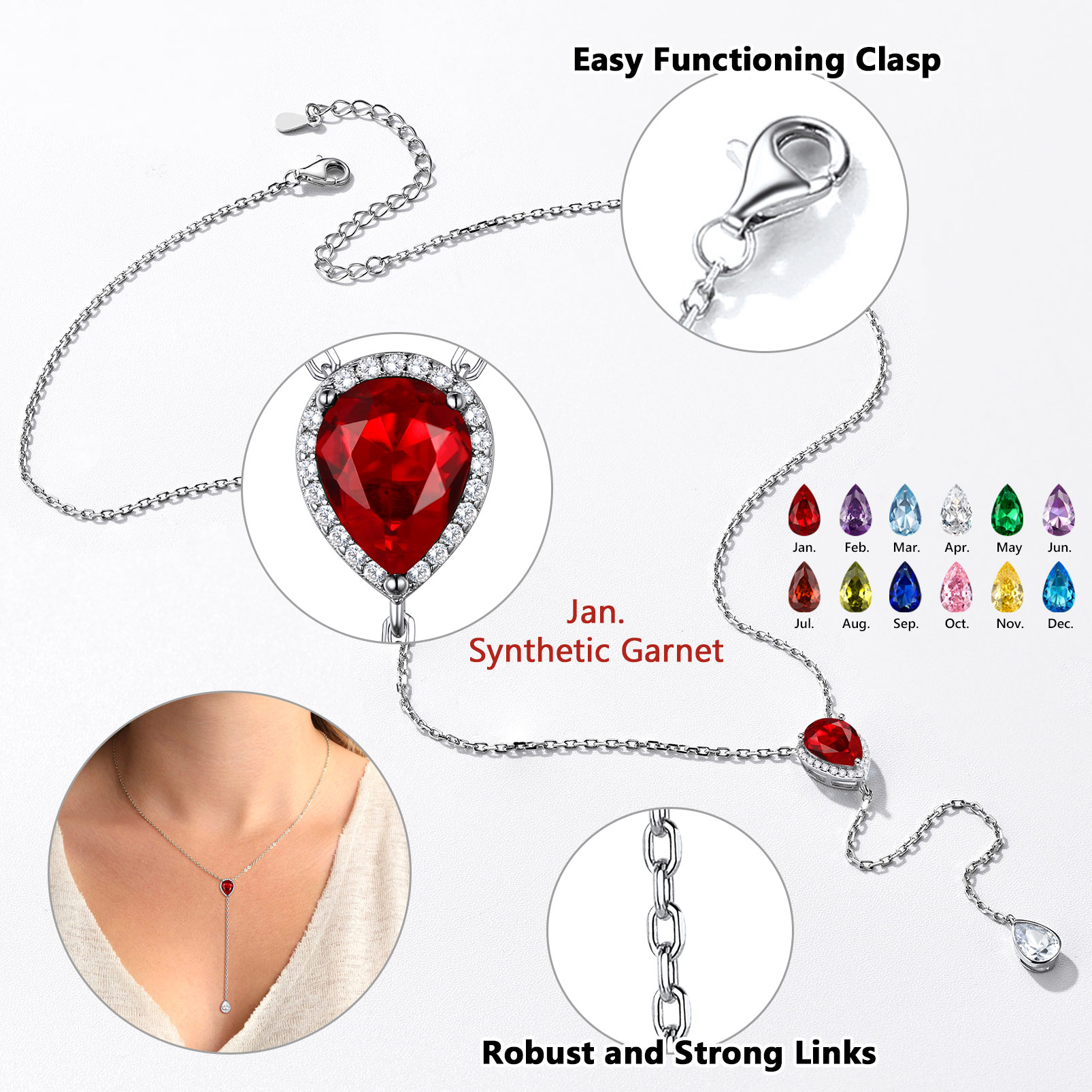 Adjustable Teardrop Cubic Zriconia Birthstone Lariat Necklace Details: Dimensions, Hypoallergenic, Lobster-Claw-Clasps in Different Month Colors