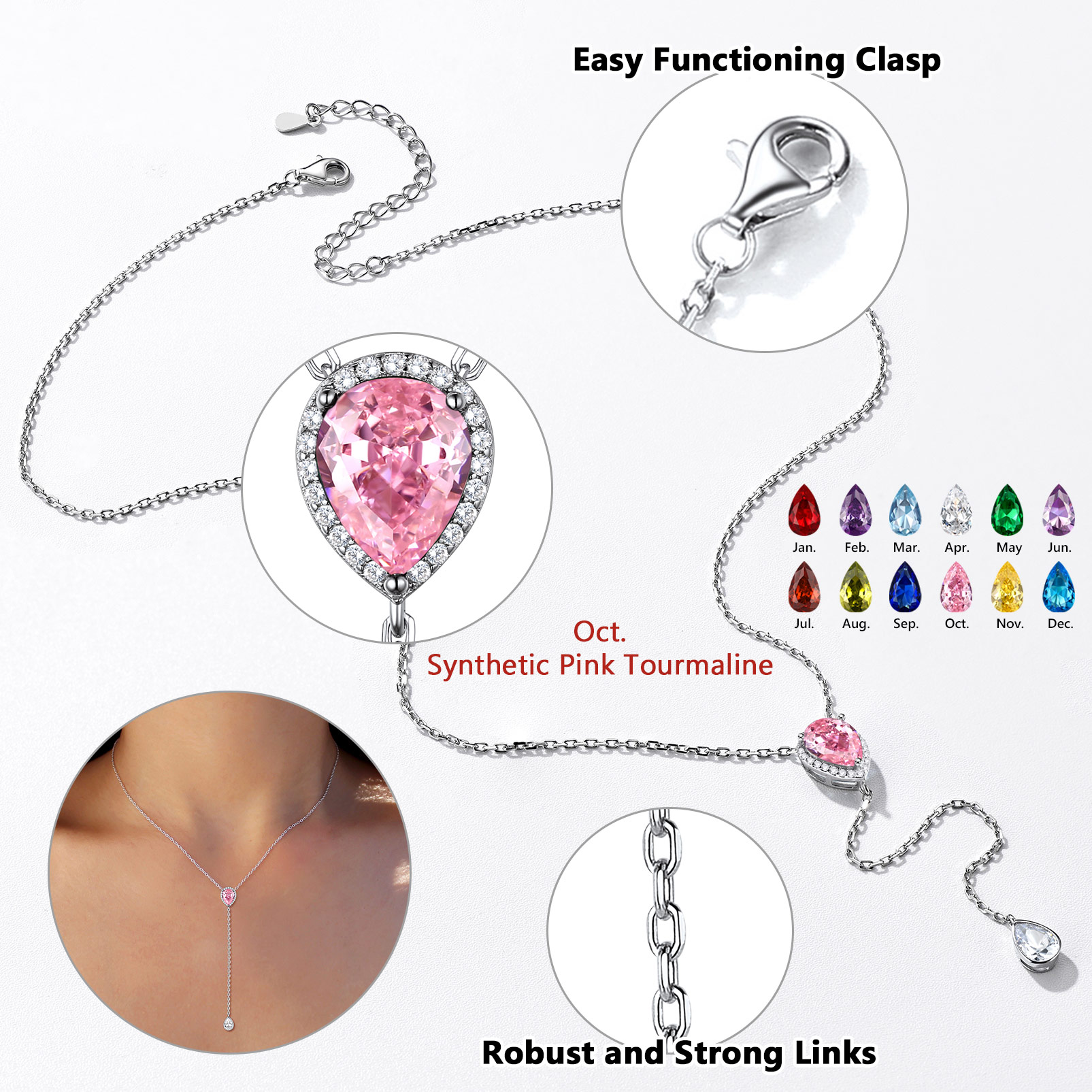 Adjustable Teardrop Cubic Zriconia Birthstone Lariat Necklace Details: Dimensions, Hypoallergenic, Lobster-Claw-Clasps in Different Month Colors