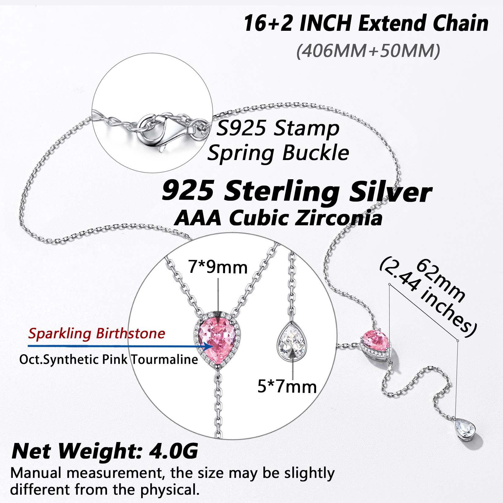 Adjustable Teardrop Cubic Zriconia Birthstone Lariat Necklace Details: Dimensions, Hypoallergenic, Lobster-Claw-Clasps