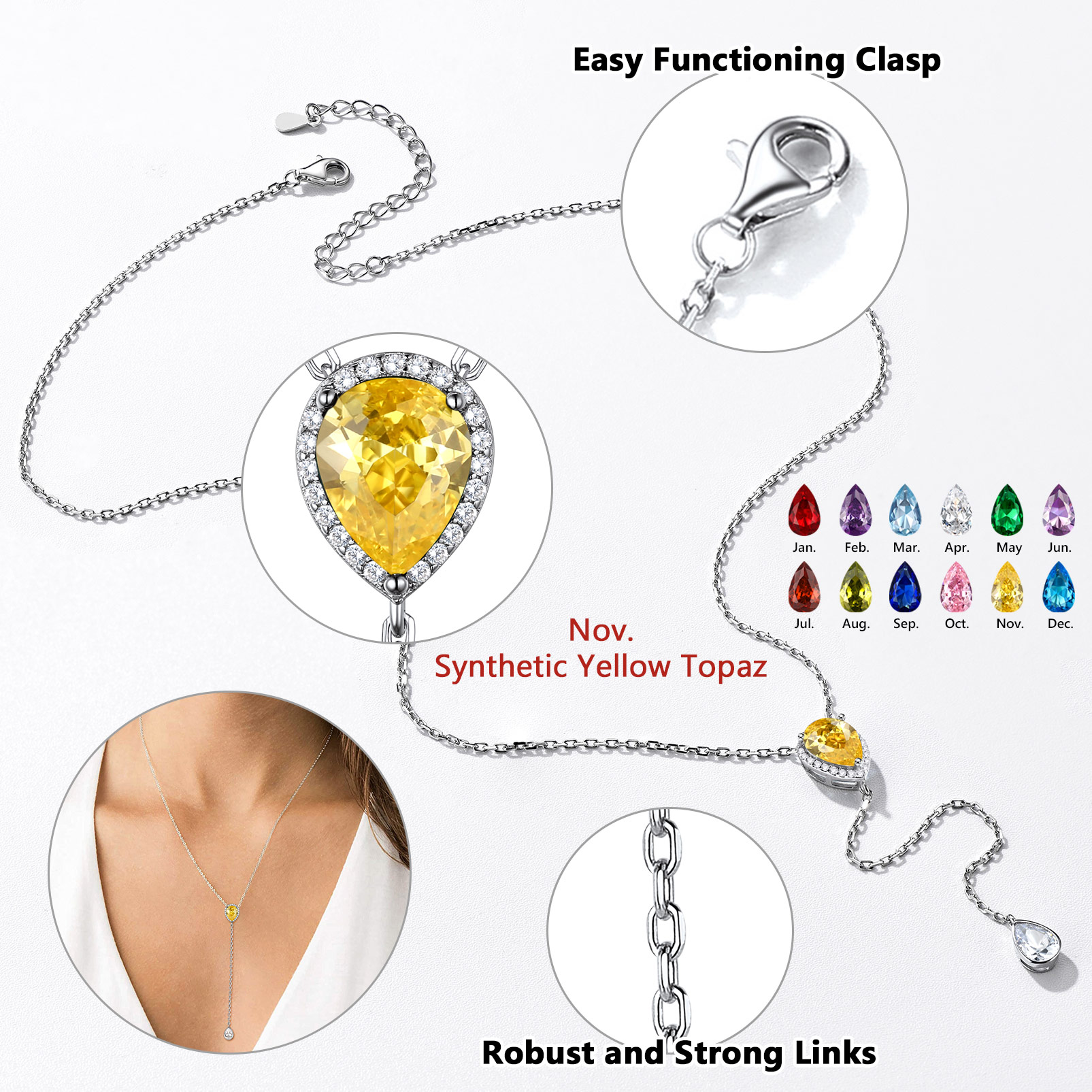 Adjustable Teardrop Cubic Zriconia Birthstone Lariat Necklace Details: Dimensions, Hypoallergenic, Lobster-Claw-Clasps in Different Month Colors