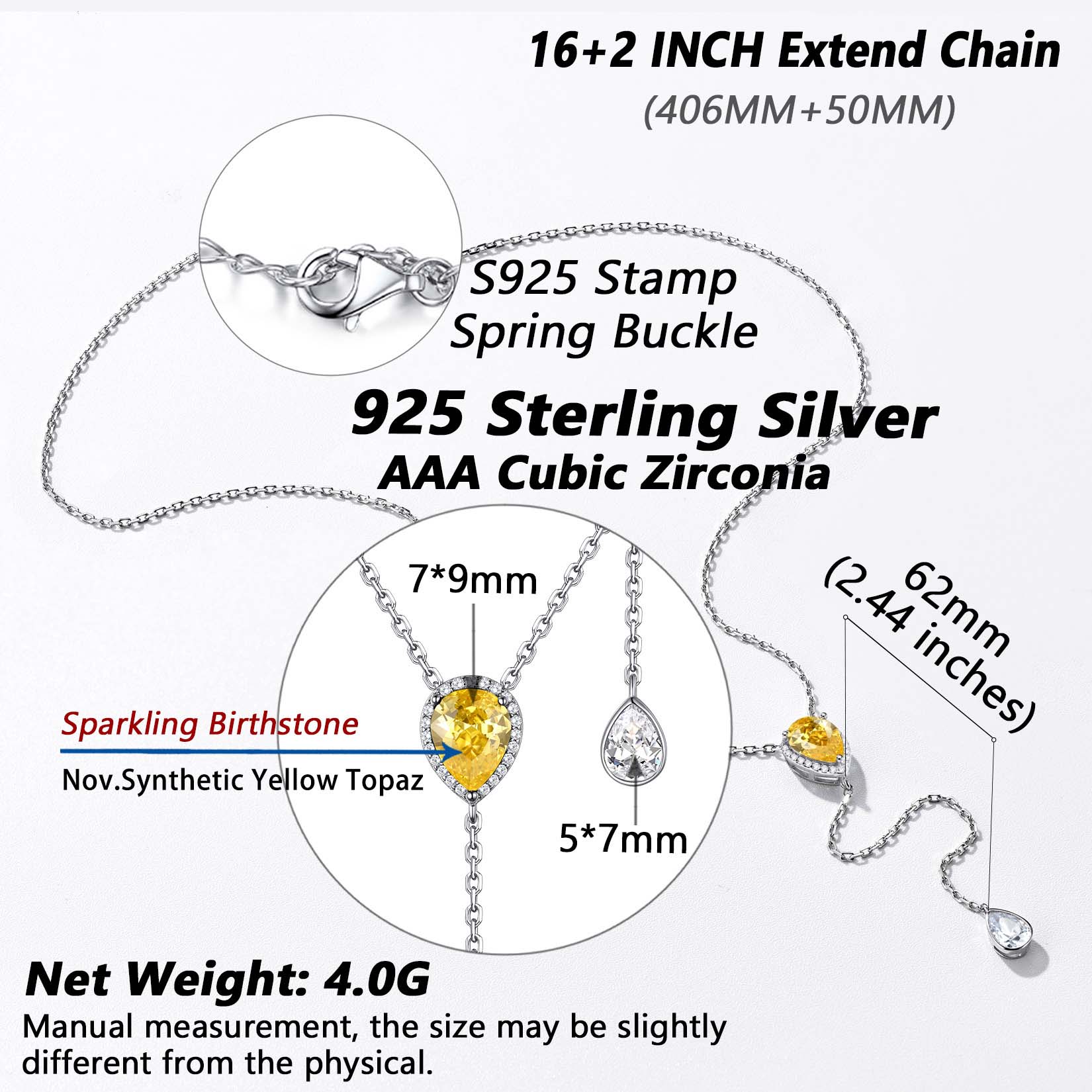 Adjustable Teardrop Cubic Zriconia Birthstone Lariat Necklace Details: Dimensions, Hypoallergenic, Lobster-Claw-Clasps