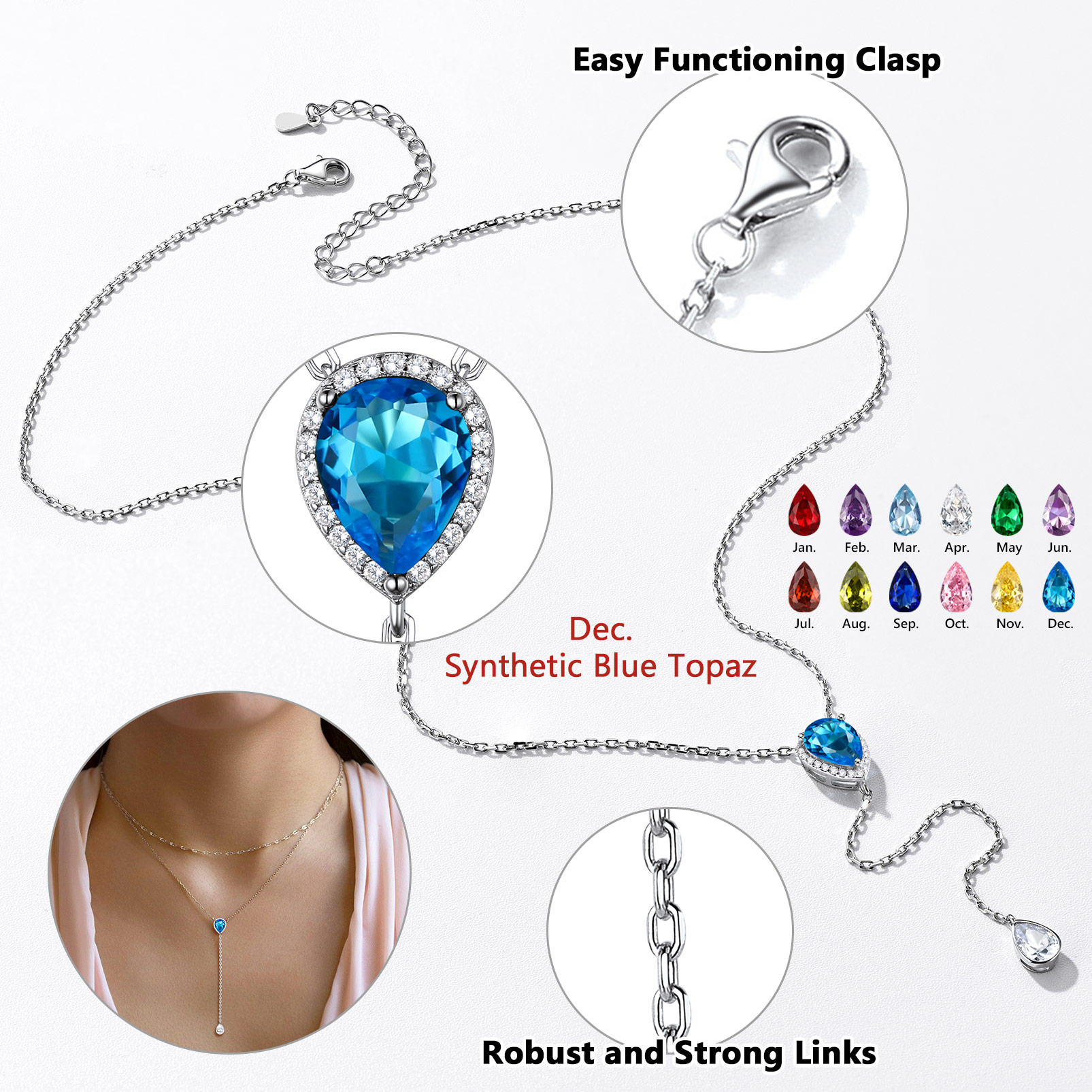 Adjustable Teardrop Cubic Zriconia Birthstone Lariat Necklace Details: Dimensions, Hypoallergenic, Lobster-Claw-Clasps in Different Month Colors