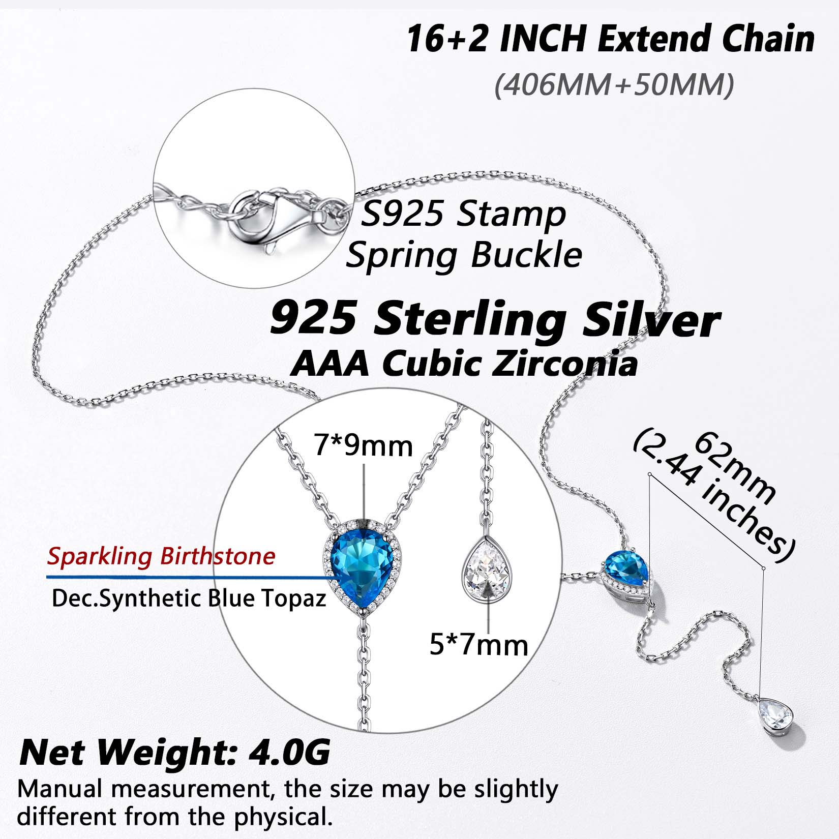 Adjustable Teardrop Cubic Zriconia Birthstone Lariat Necklace Details: Dimensions, Hypoallergenic, Lobster-Claw-Clasps