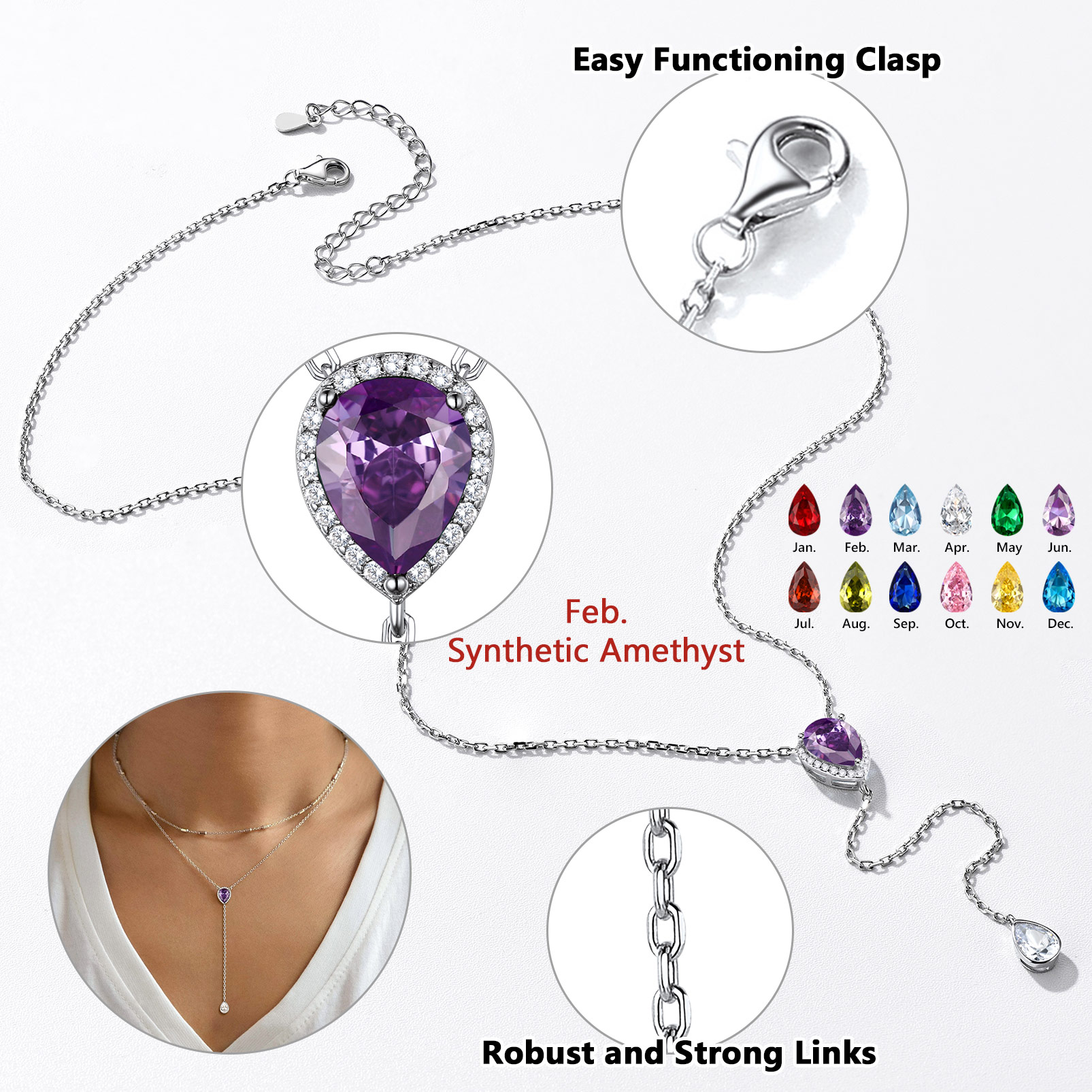 Adjustable Teardrop Cubic Zriconia Birthstone Lariat Necklace Details: Dimensions, Hypoallergenic, Lobster-Claw-Clasps in Different Month Colors