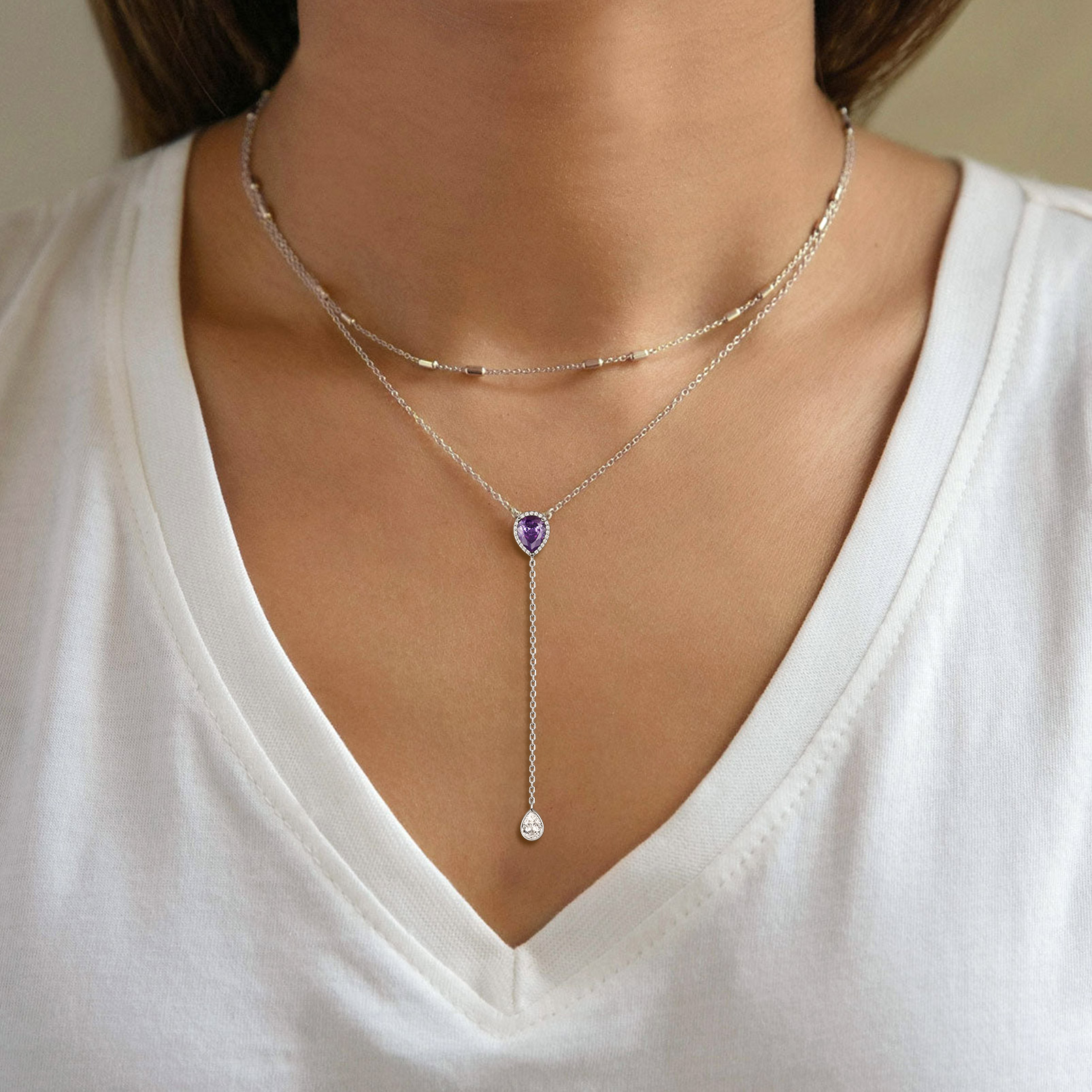 Adjustable Teardrop Cubic Zriconia Birthstone Lariat Necklace for Women, Ladies, Mother, Friends, girlfriend