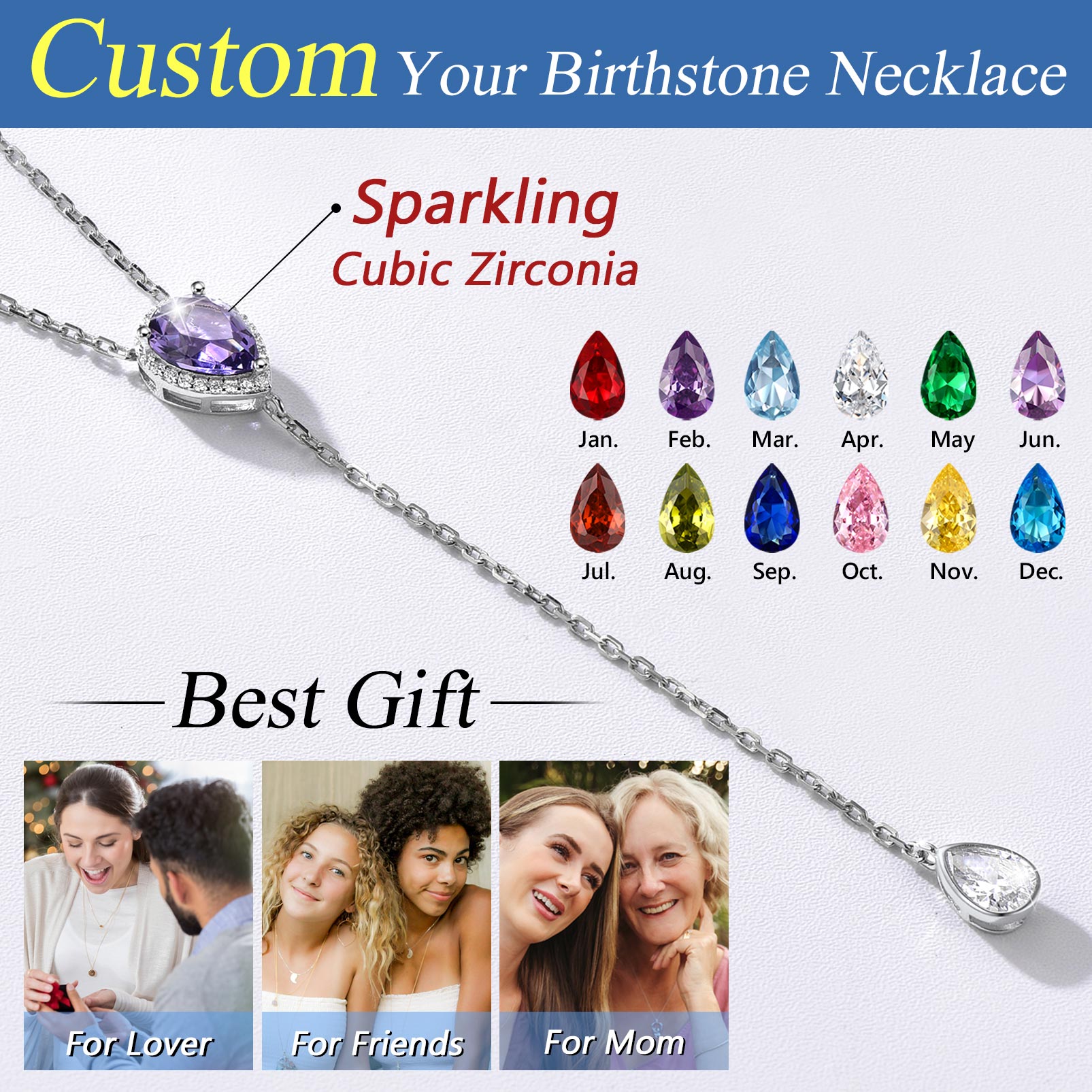 Adjustable Teardrop Cubic Zriconia Birthstone Lariat Necklace in Different Month Colors, ChicSilver Jewelry gift Package, memorial gift