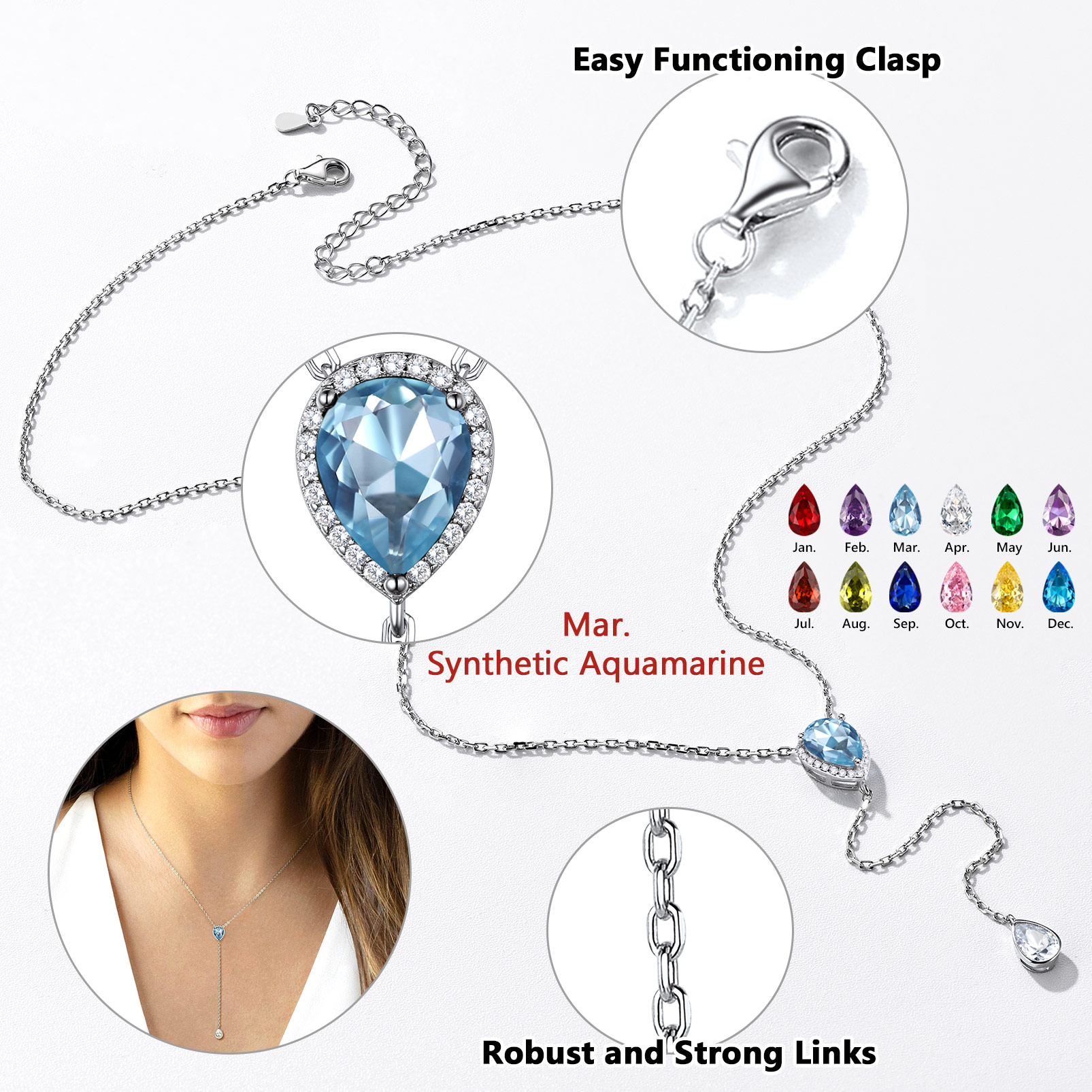 Adjustable Teardrop Cubic Zriconia Birthstone Lariat Necklace Details: Dimensions, Hypoallergenic, Lobster-Claw-Clasps in Different Month Colors