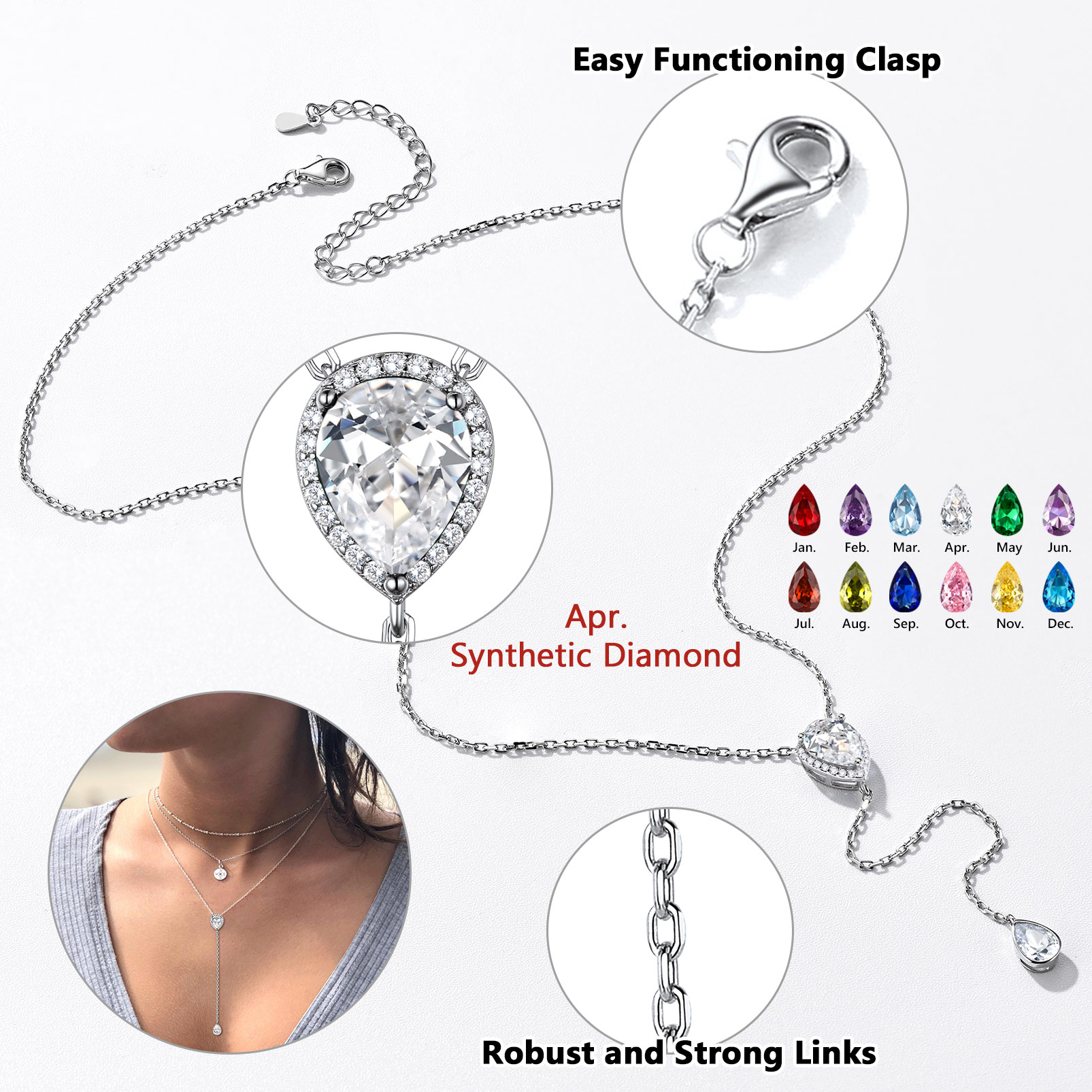 Adjustable Teardrop Cubic Zriconia Birthstone Lariat Necklace  Details: Dimensions, Hypoallergenic, Lobster-Claw-Clasps in Different Month Colors
