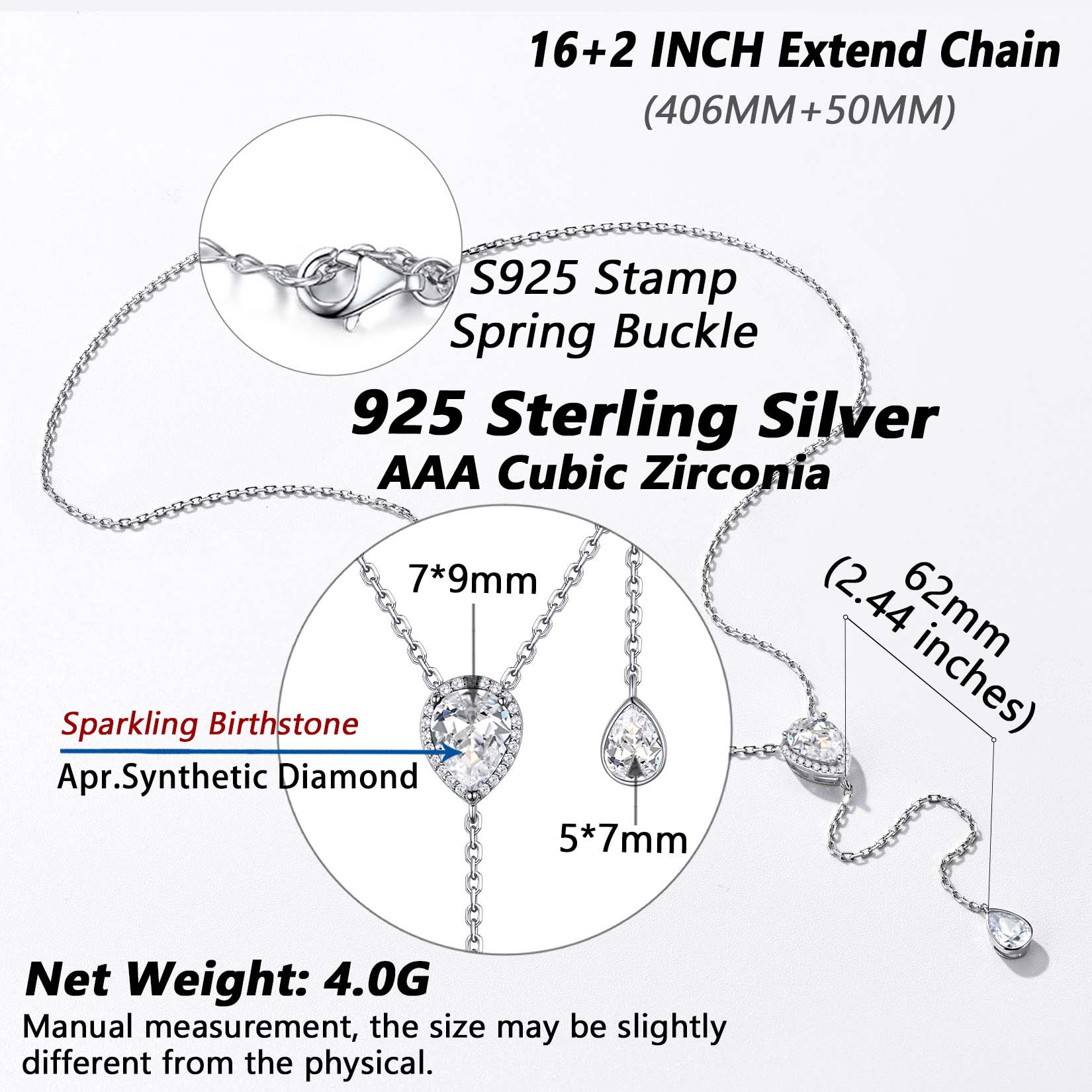 Adjustable Teardrop Cubic Zriconia Birthstone Lariat Necklace Details: Dimensions, Hypoallergenic, Lobster-Claw-Clasps