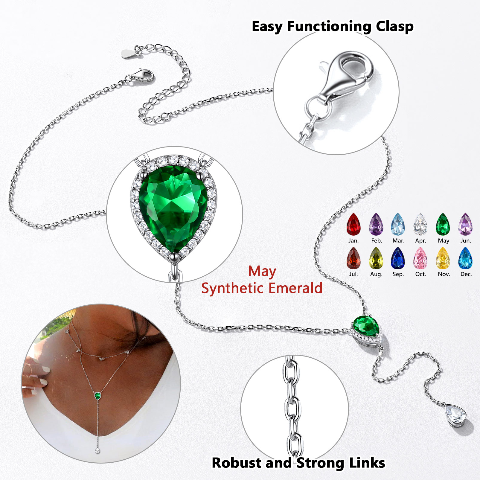 Adjustable Teardrop Cubic Zriconia Birthstone Lariat Necklace Details: Dimensions, Hypoallergenic, Lobster-Claw-Clasps in Different Month Colors