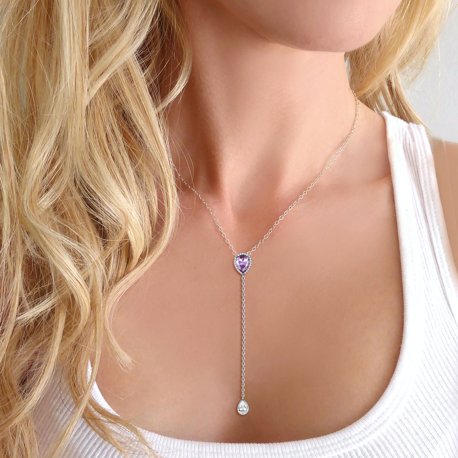 Adjustable Teardrop Cubic Zriconia Birthstone Lariat Necklace for Women, Ladies, Mother, Friends, girlfriend