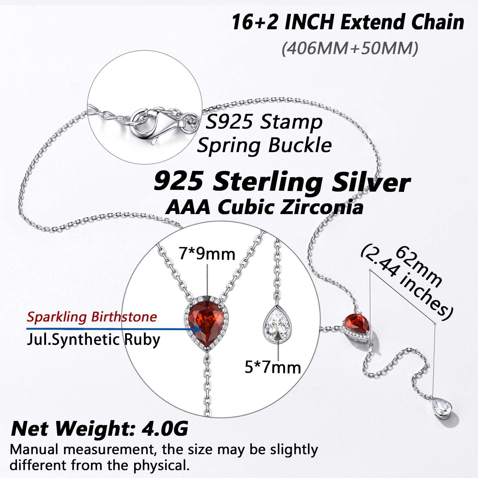 Adjustable Teardrop Cubic Zriconia Birthstone Lariat Necklace Details: Dimensions, Hypoallergenic, Lobster-Claw-Clasps