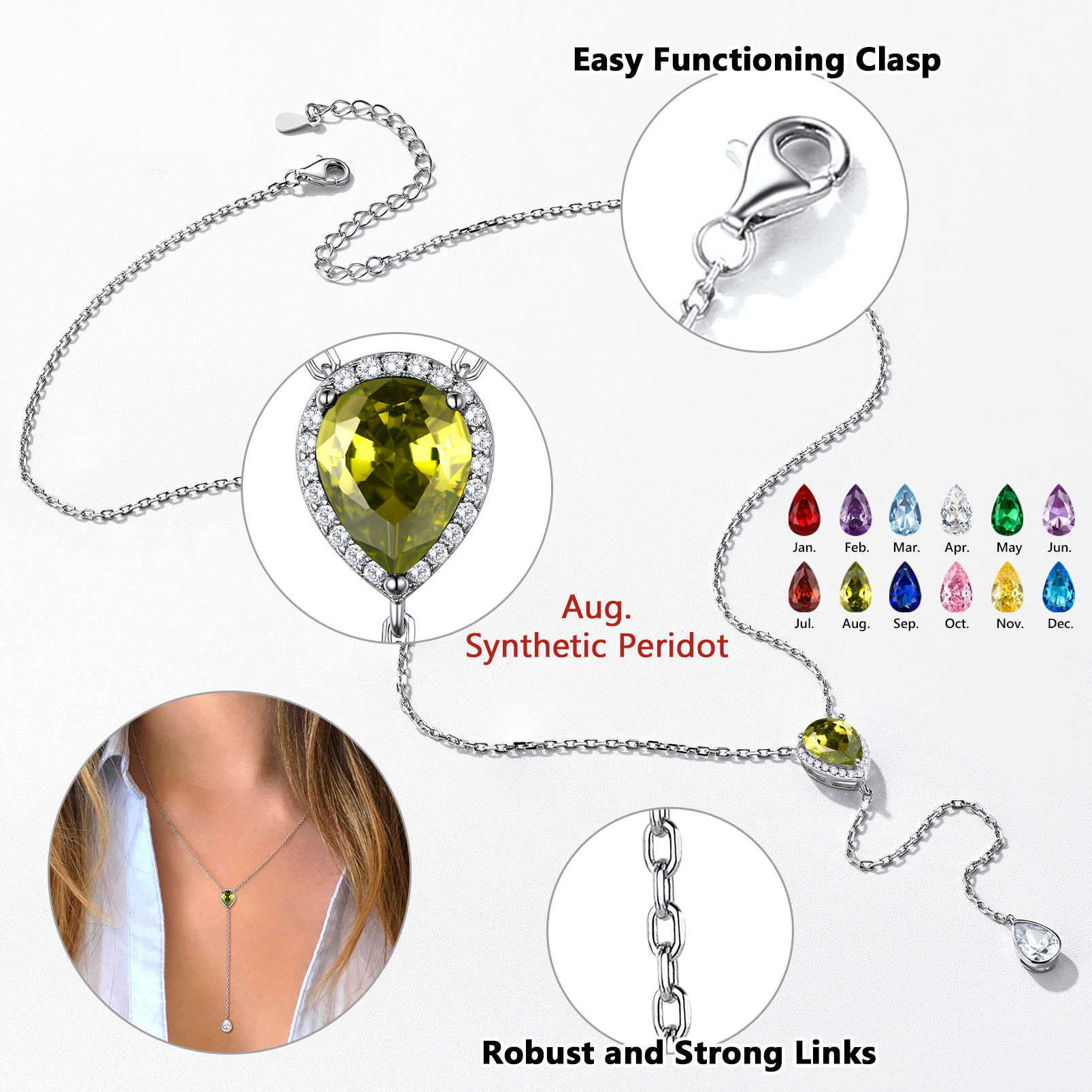 Adjustable Teardrop Cubic Zriconia Birthstone Lariat Necklace Details: Dimensions, Hypoallergenic, Lobster-Claw-Clasps in Different Month Colors