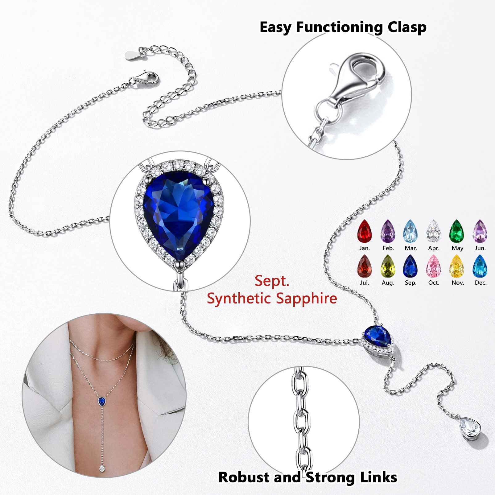 Adjustable Teardrop Cubic Zriconia Birthstone Lariat Necklace Details: Dimensions, Hypoallergenic, Lobster-Claw-Clasps in Different Month Colors